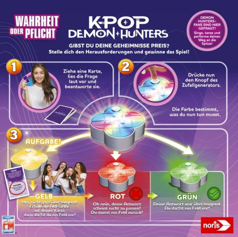 Spielanleitung für K-Pop Demon Hunters Wahrheit oder Pflicht mit einem bunten leuchtenden Gerät und drei Farben.