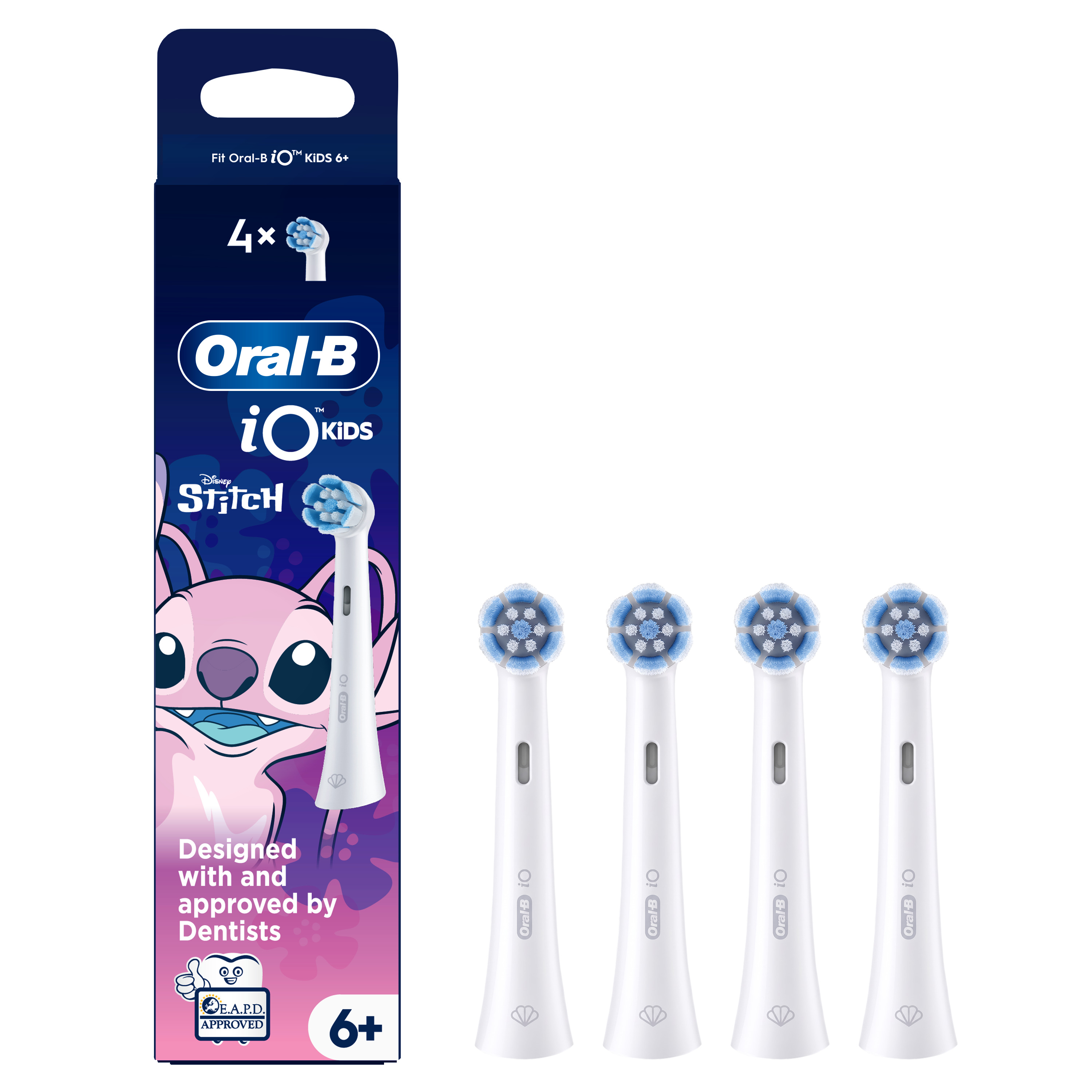 Oral-B iO Kids Disney Stitch pótfejek csomagolása négy darab kiállított kefefejjel.