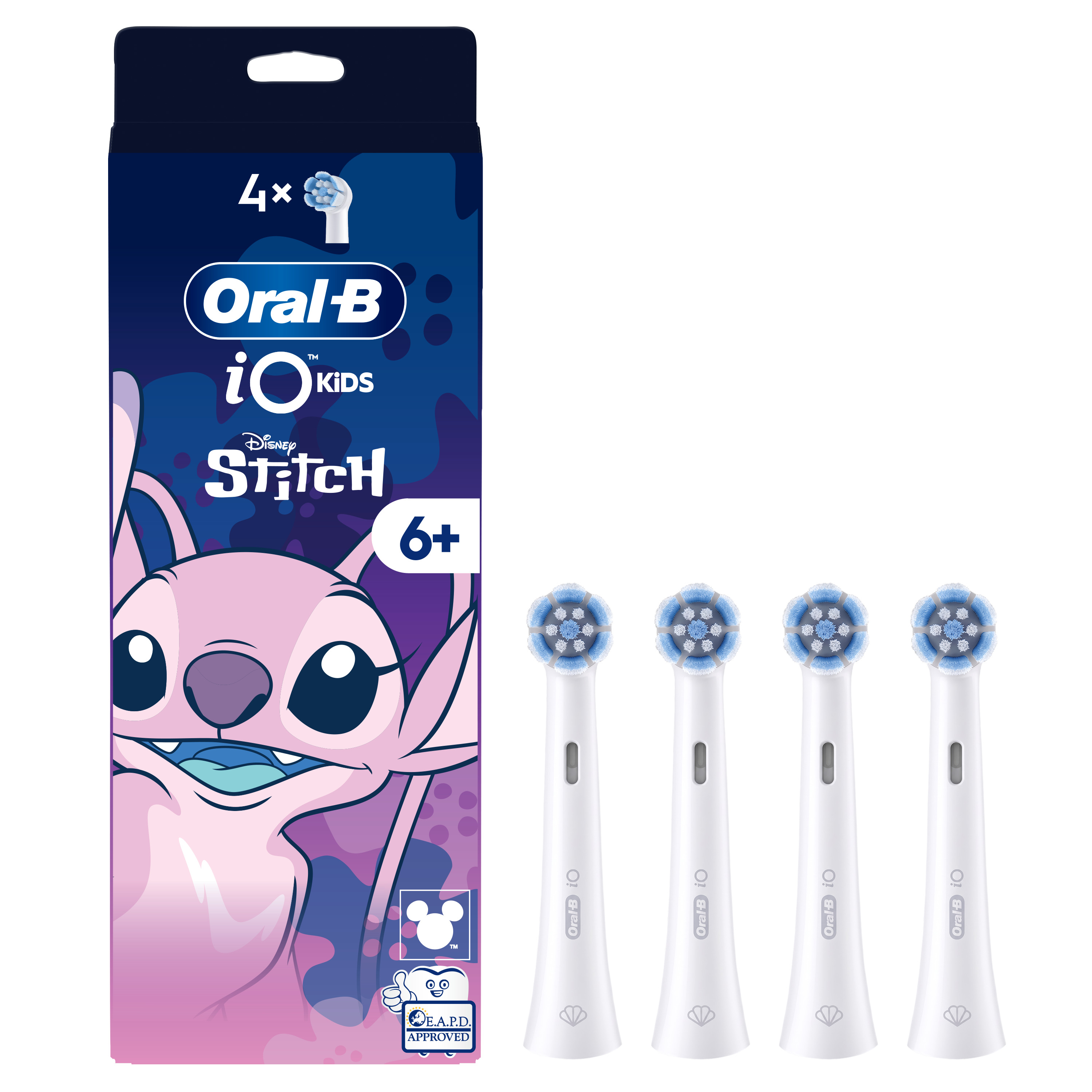 Oral-B iO Kids Disney Stitch fogkefefejek, négyes csomagolásban.