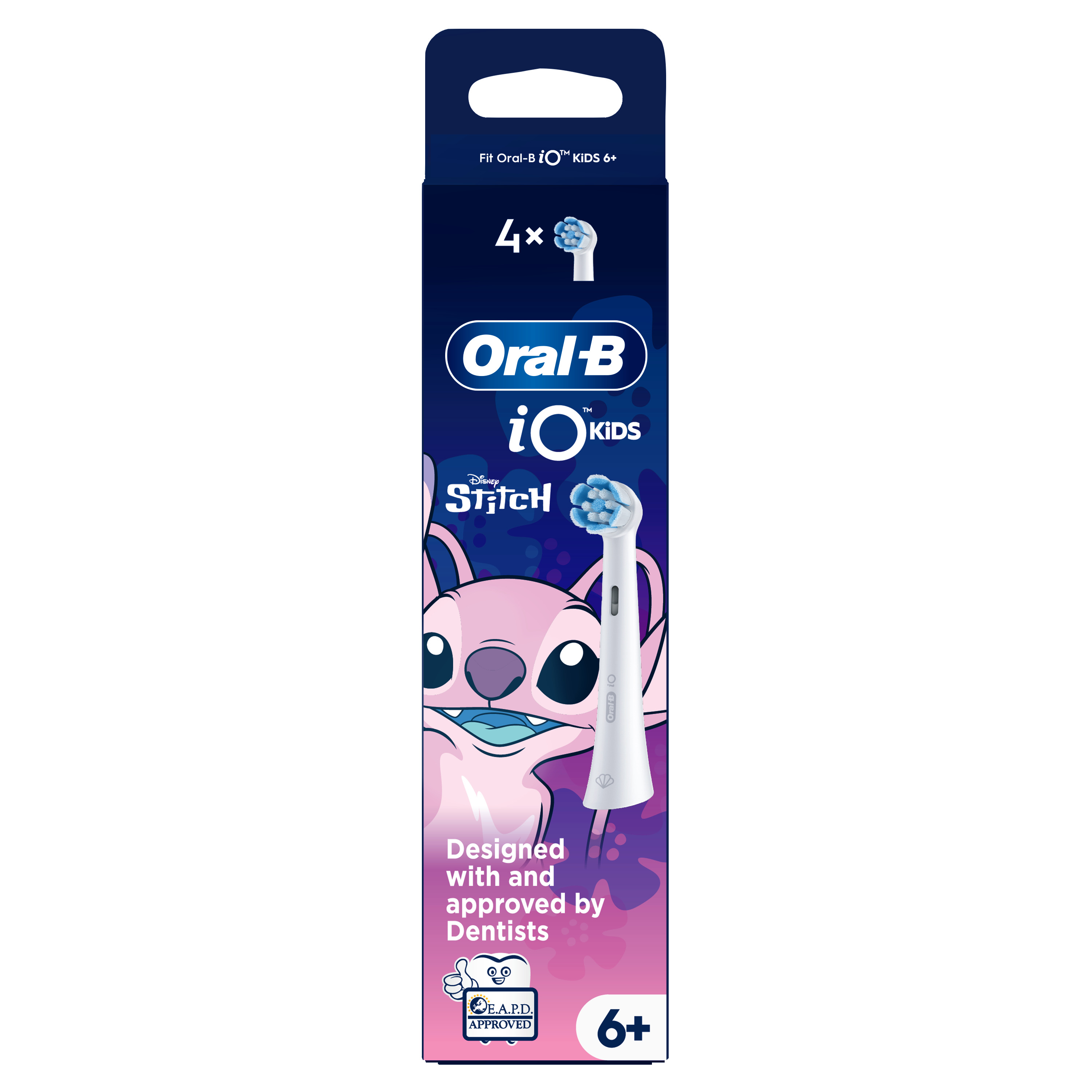 Oral-B iO Kids Disney Stitch fogkefefejek, 4 darabos csomag kék dobozban, Stitch figurával.