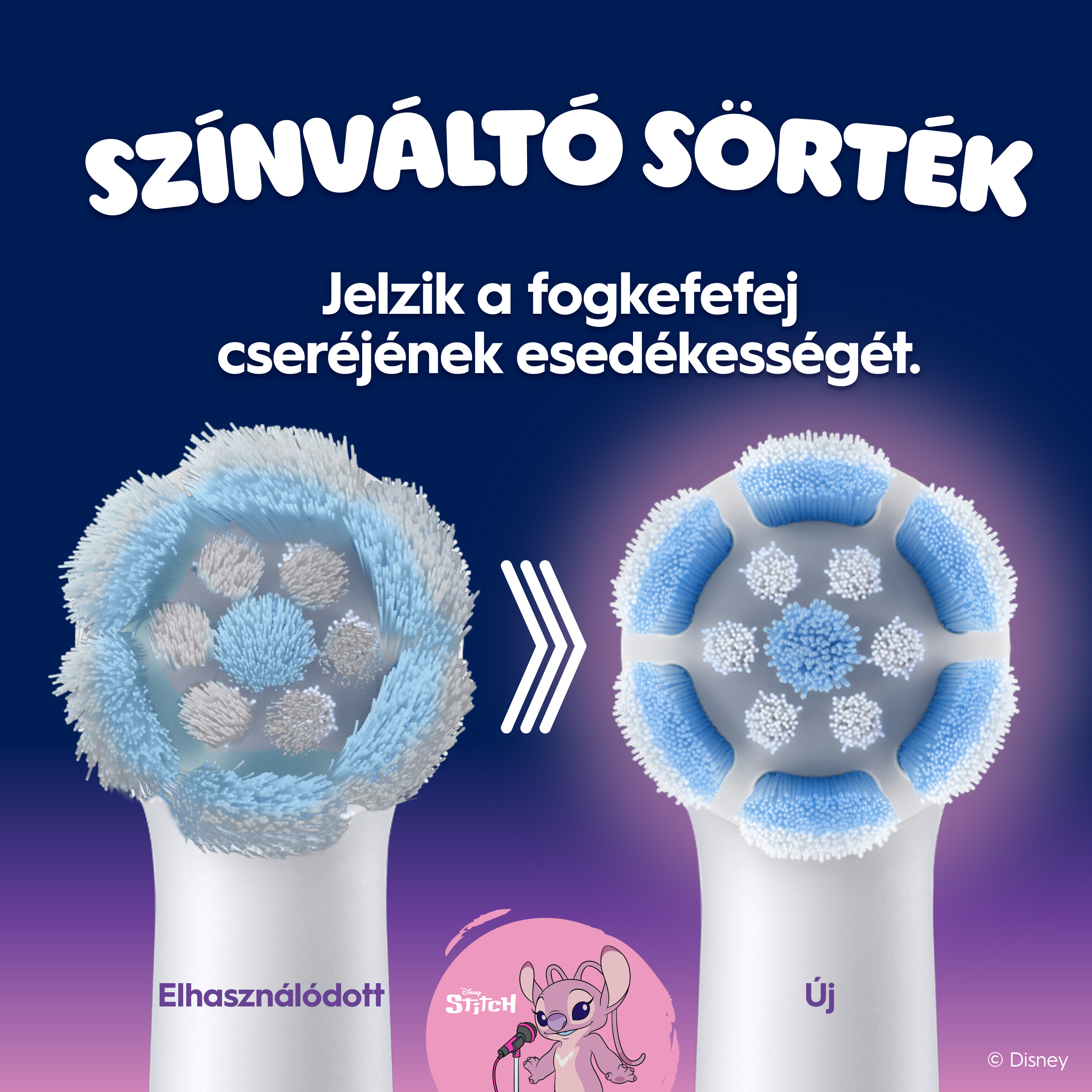 Régi, elhasználódott és új fogkefefejek összehasonlítása kék és fehér sörtékkel, kék háttér előtt.