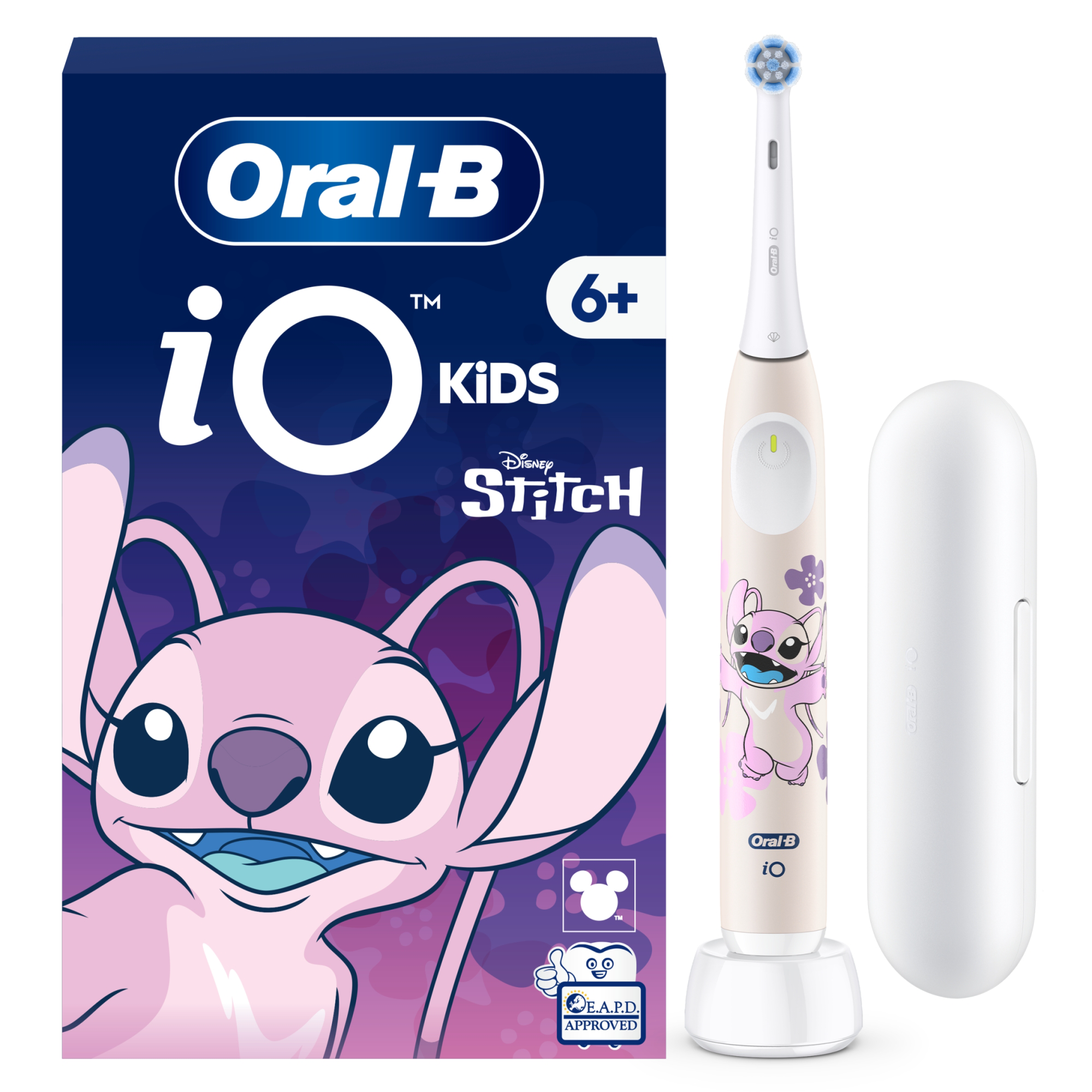 Oral-B iO Kids Stitch elektromos fogkefe tokkal a kék csomagolás mellett.