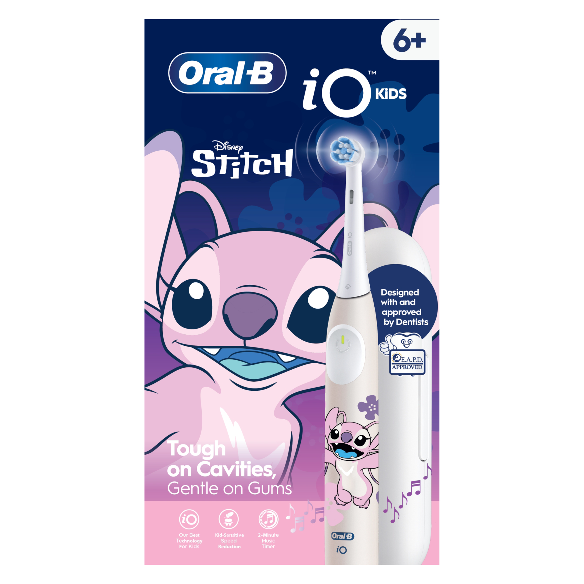 Oral-B iO Kids elektromos fogkefe Disney Stitch mintával, fehér nyéllel és tokkal.
