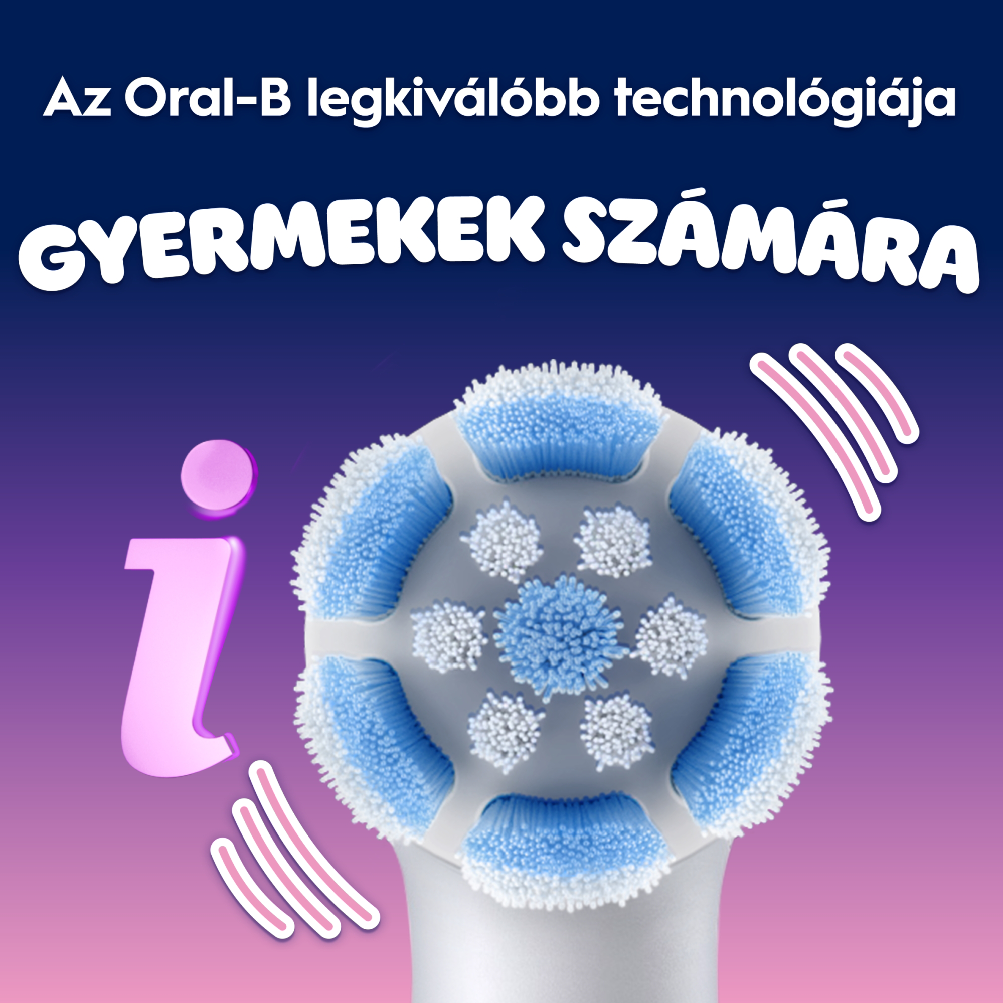 Közeli kép egy kerek Oral-B gyerek fogkefefejről kék és fehér sörtékkel, kék-rózsaszín háttérrel és felirattal.
