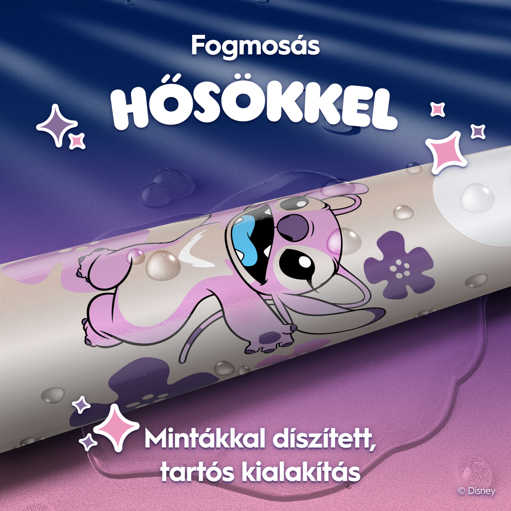 Egy Disney fogkefe Stitch mintával rózsaszín háttér előtt.