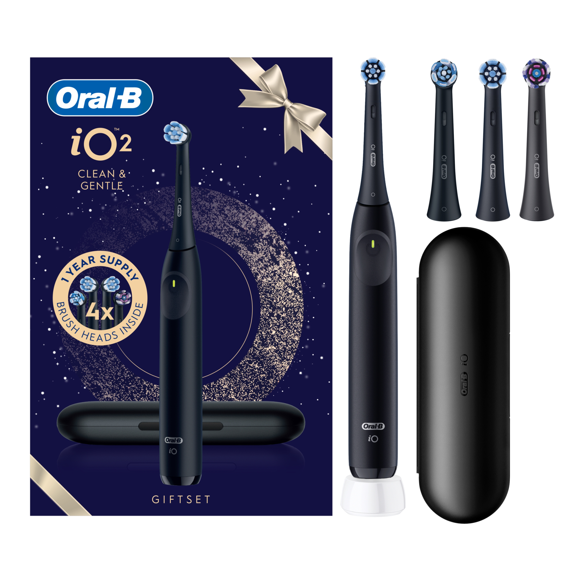 Oral-B iO2 ajándékszett kékben fekete fogkefével, 4 fejjel és tokkal.