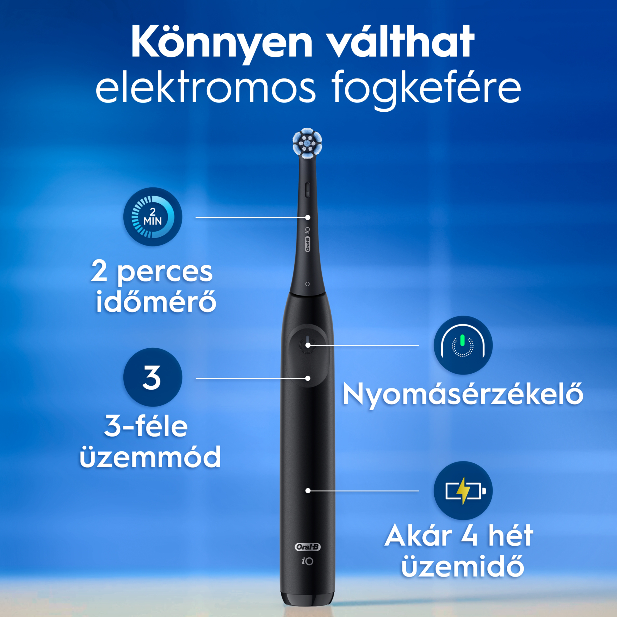 Fekete elektromos fogkefe időzítővel, nyomásérzékelővel és három móddal.