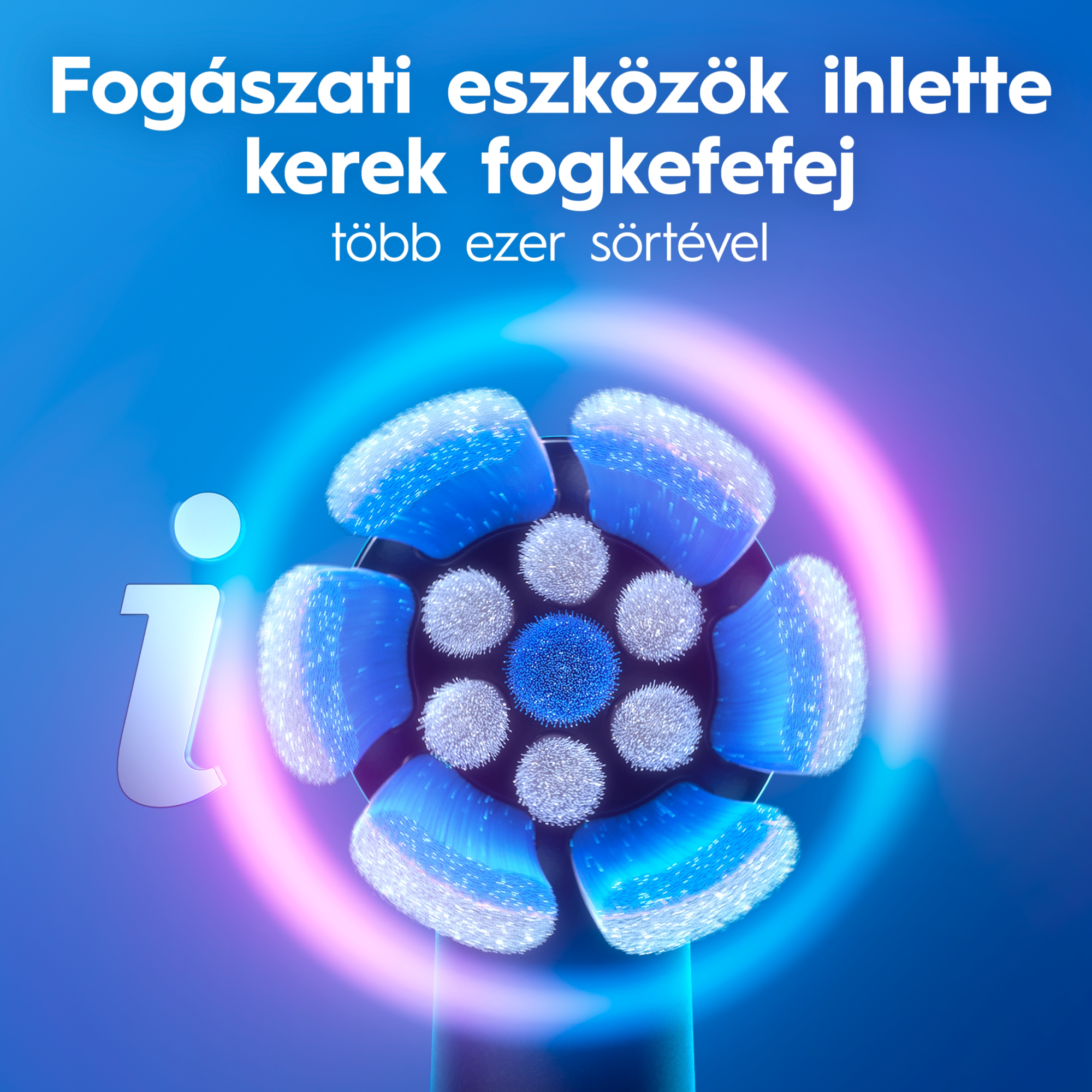 Közeli kép egy kerek elektromos fogkefe fejről kék és fehér sörtékkel, világító gyűrűvel körbevéve.