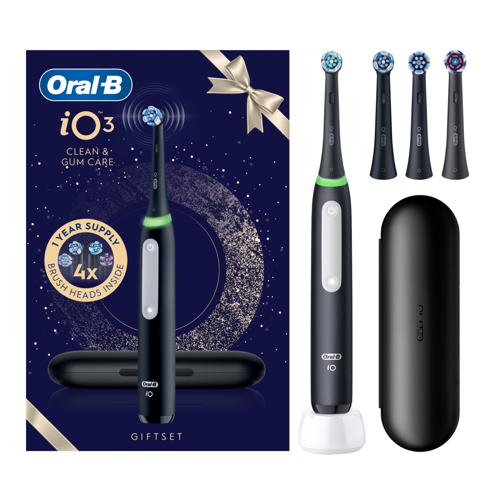 Oral-B iO3 ajándékszett fekete fogkefével, négy fejjel, töltővel és tokkal kék háttér előtt.