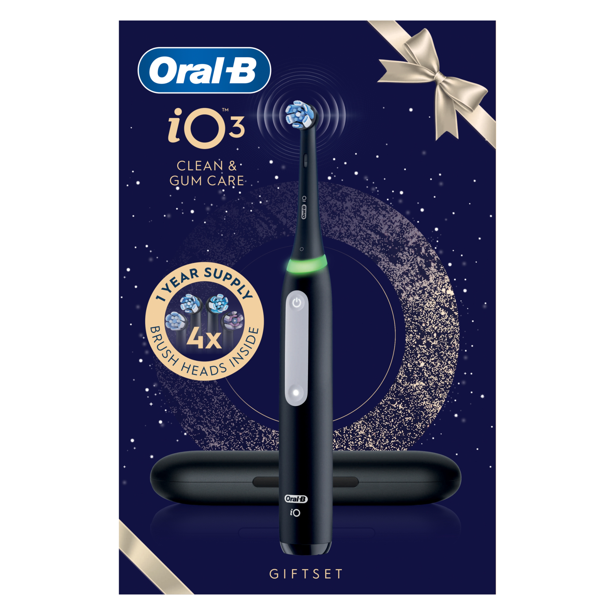 Oral-B iO3 elektromos fogkefe fekete színben utazótokkal és ajándékdobozzal.