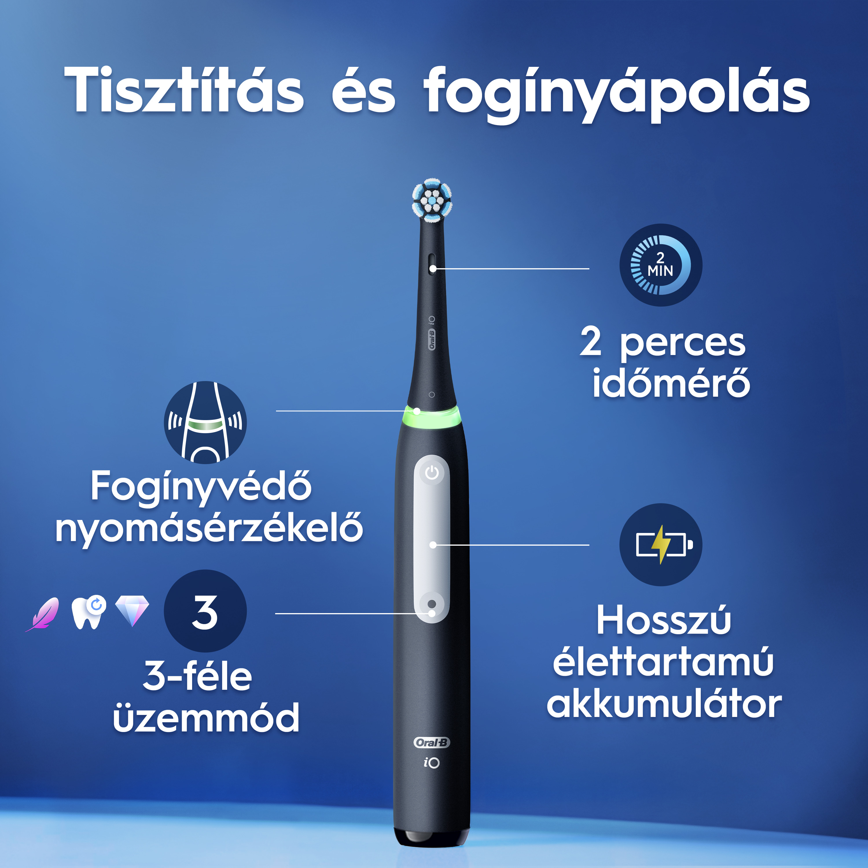 Fekete elektromos fogkefe kék háttérrel, funkció ikonokkal és feliratokkal.