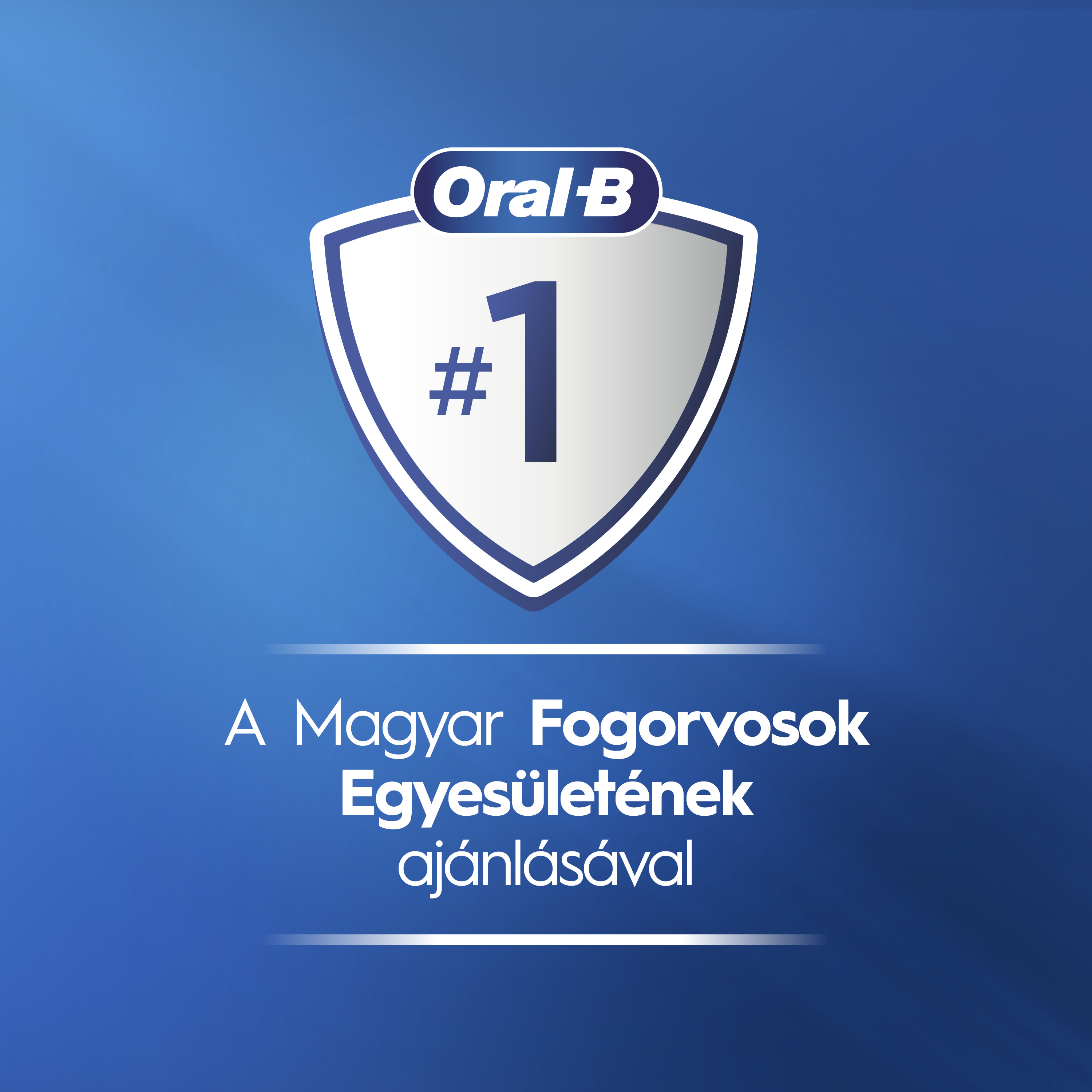 Oral-B logó egy pajzsban 1-es számmal, kék háttérrel és magyar felirattal.