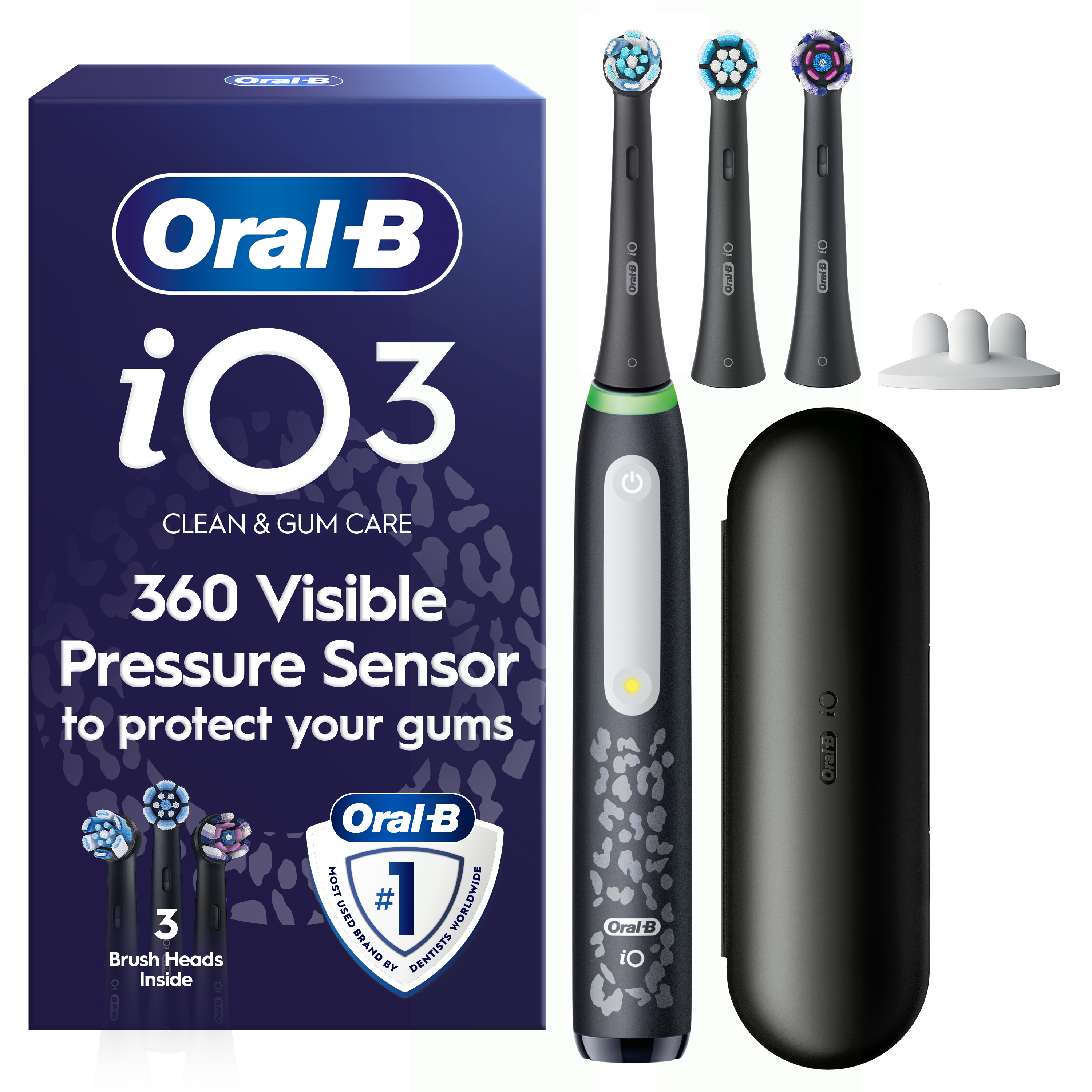 Oral-B iO3 elektromos fogkefe feketében tokkal, három fejjel és csomagolással.