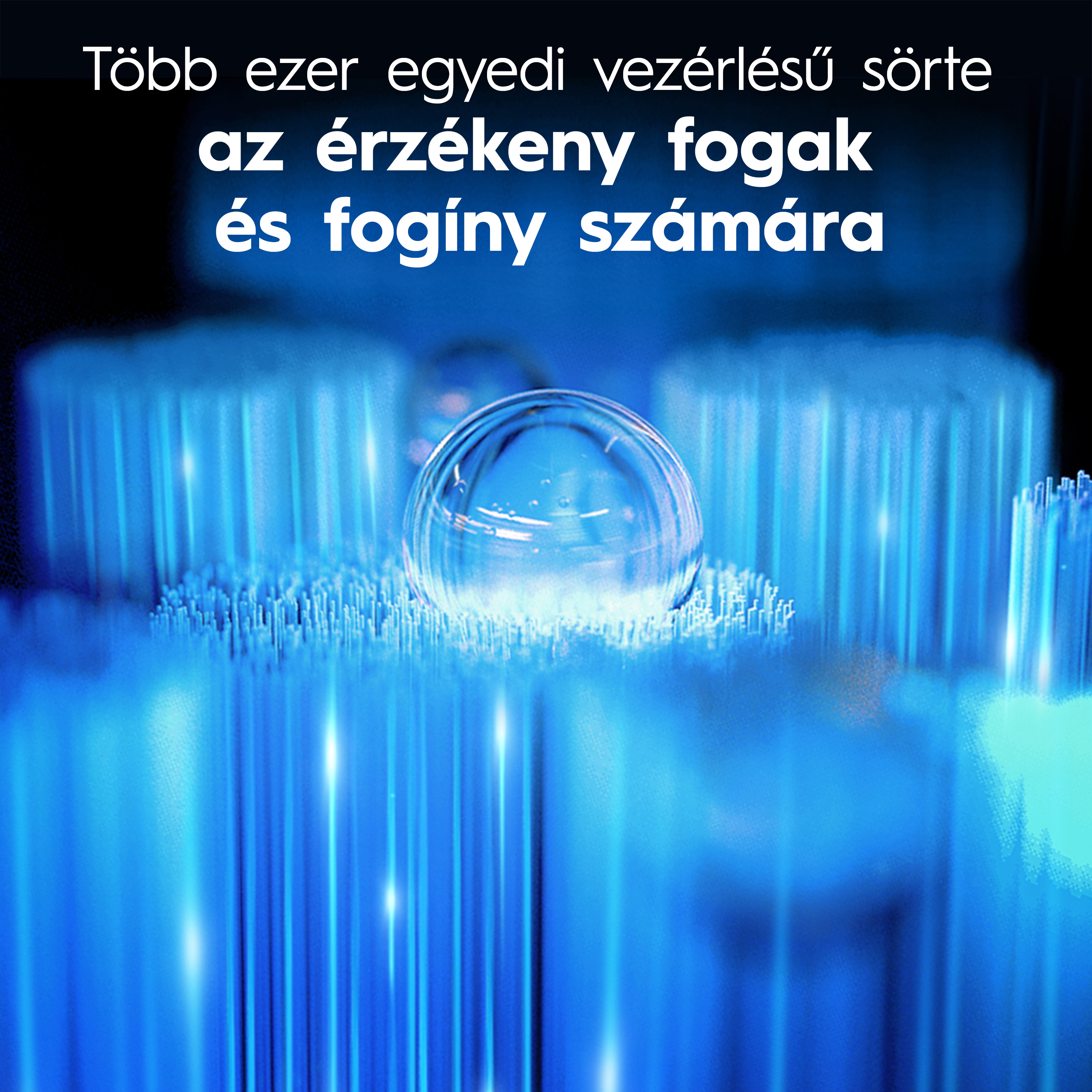 Kék fogkefesörtek egy vízcseppel és szöveggel.