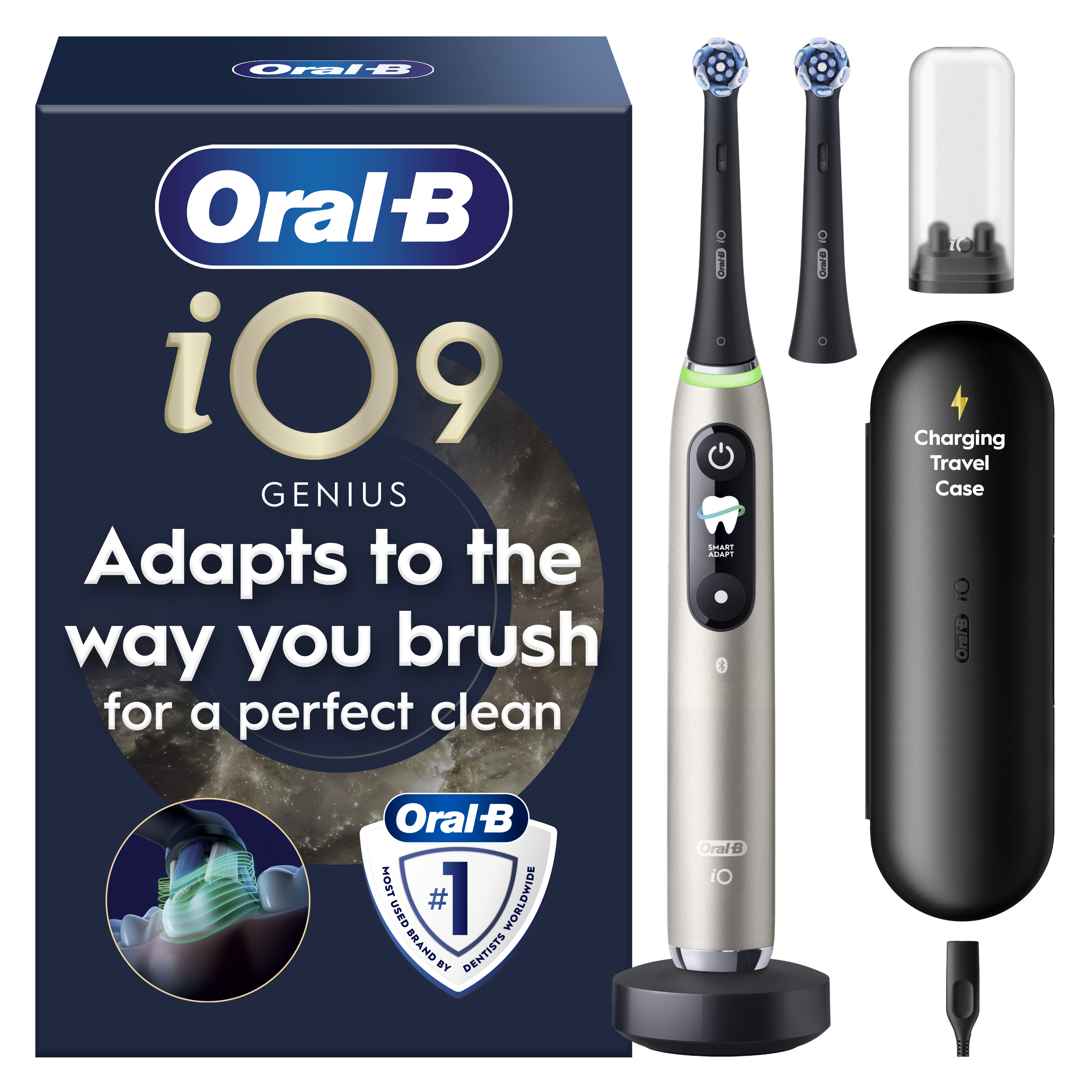Ezüst színű Oral-B iO9 elektromos fogkefe tokkal, tartozékokkal és sötétkék dobozzal.