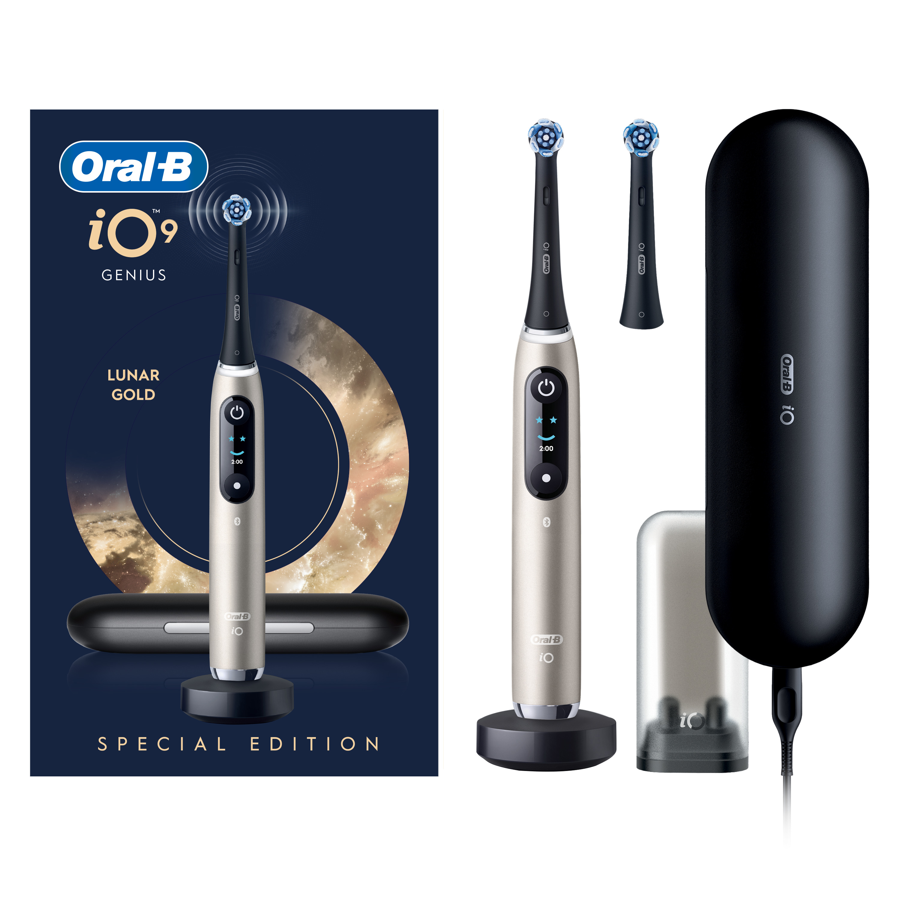 Oral-B iO9 Lunar Gold elektromos fogkefe töltőtokkal és tartozékokkal a csomagoláson.