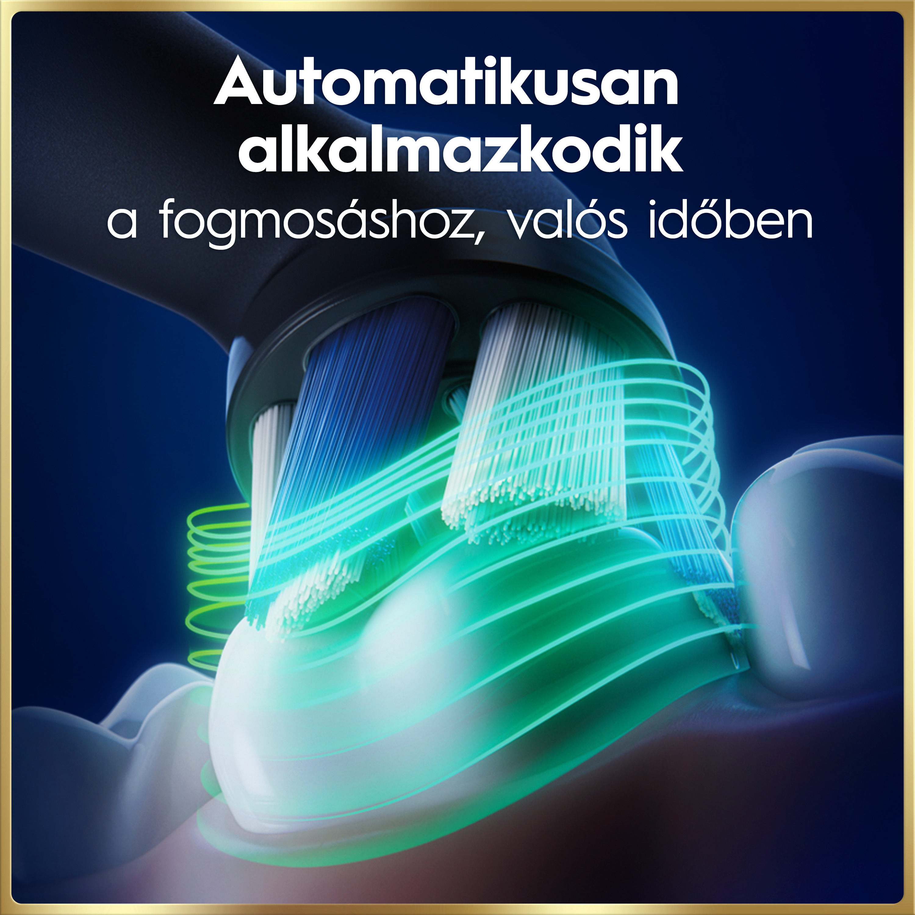 Elektromos fogkefe tisztít egy fogat, zöld fényhullámokkal körülvéve, felül magyar felirattal.