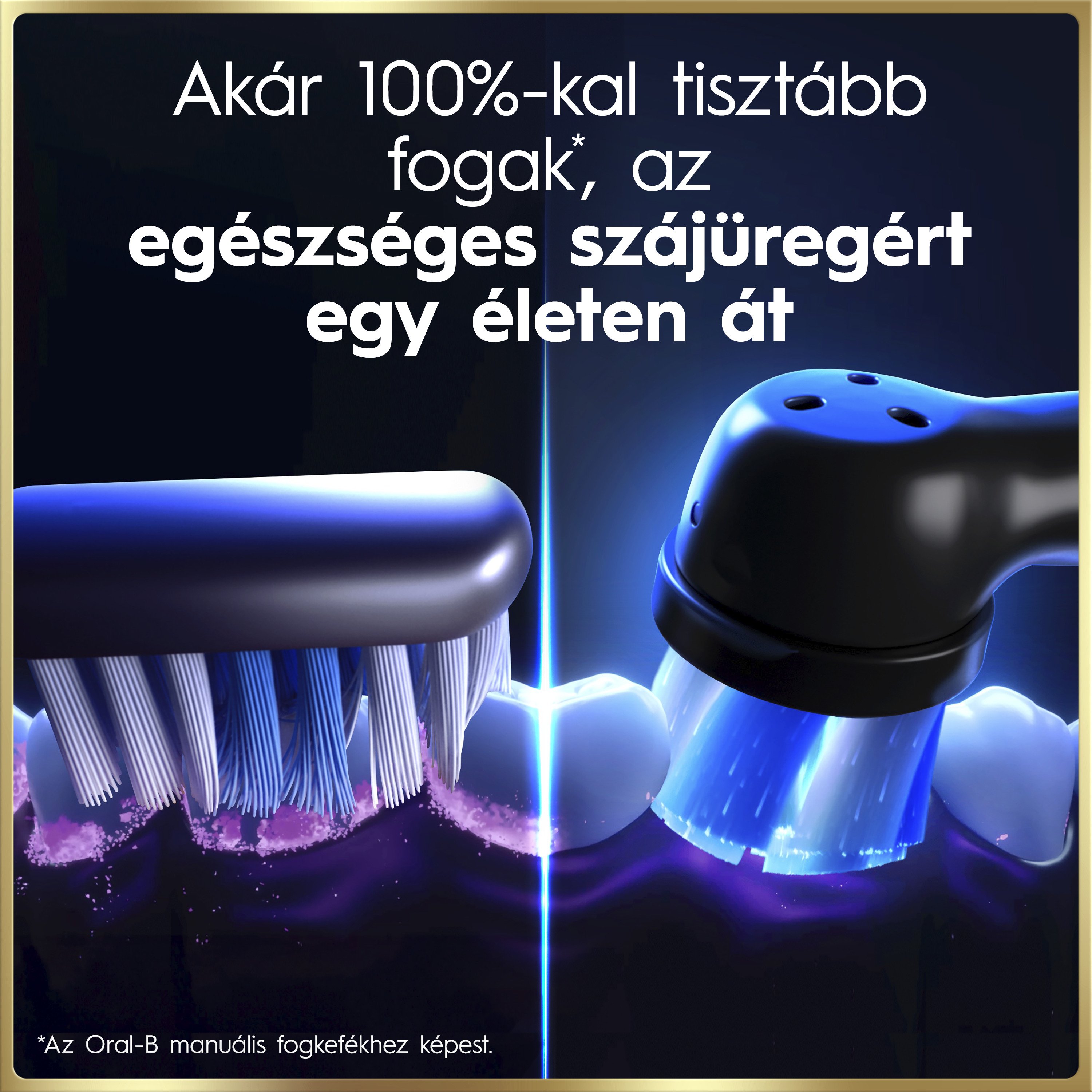 Két fogkefe összehasonlítása fogtisztítás közben, felül magyar szöveggel.