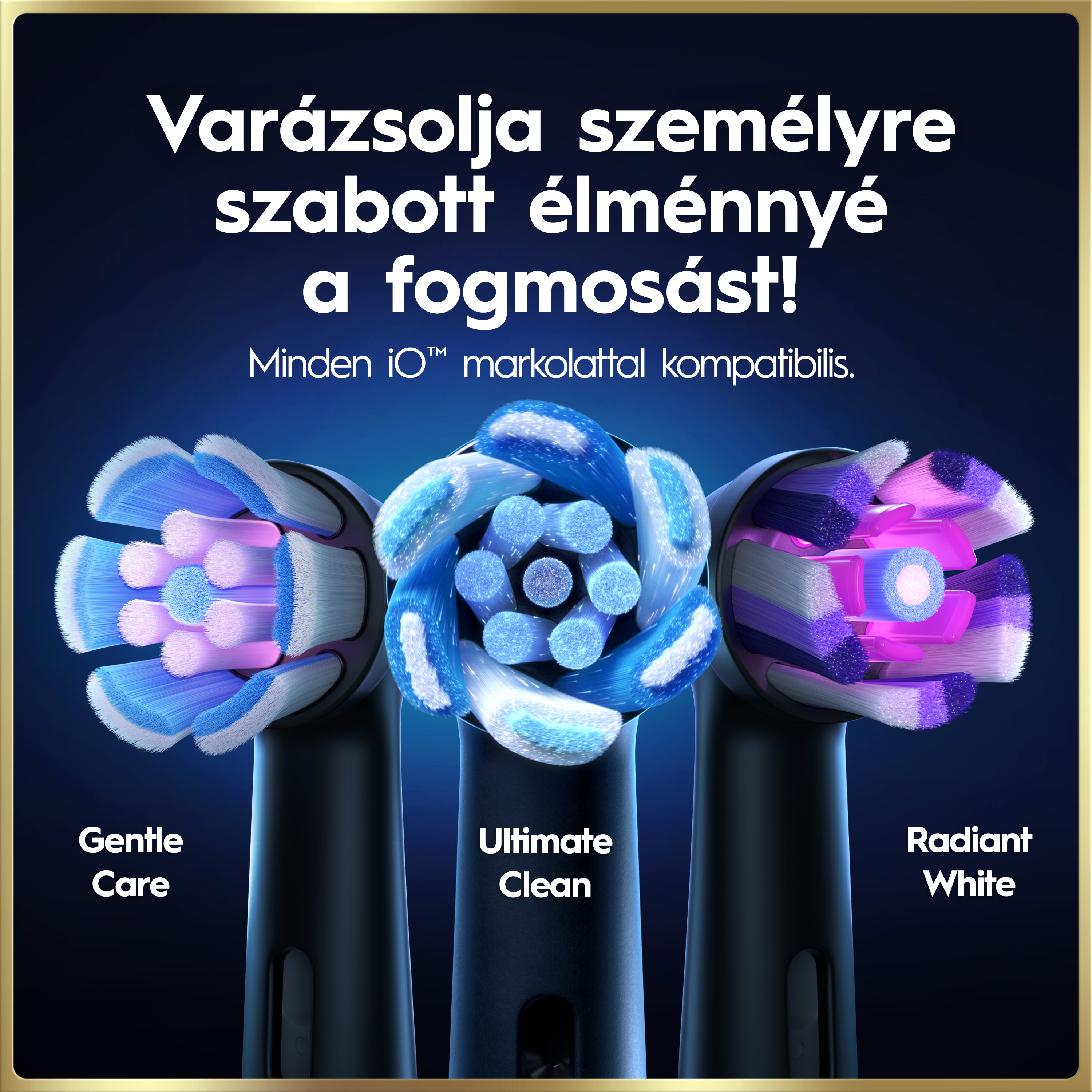Három Oral-B iO fogkefefej: Gentle Care, Ultimate Clean és Radiant White kék háttér előtt.