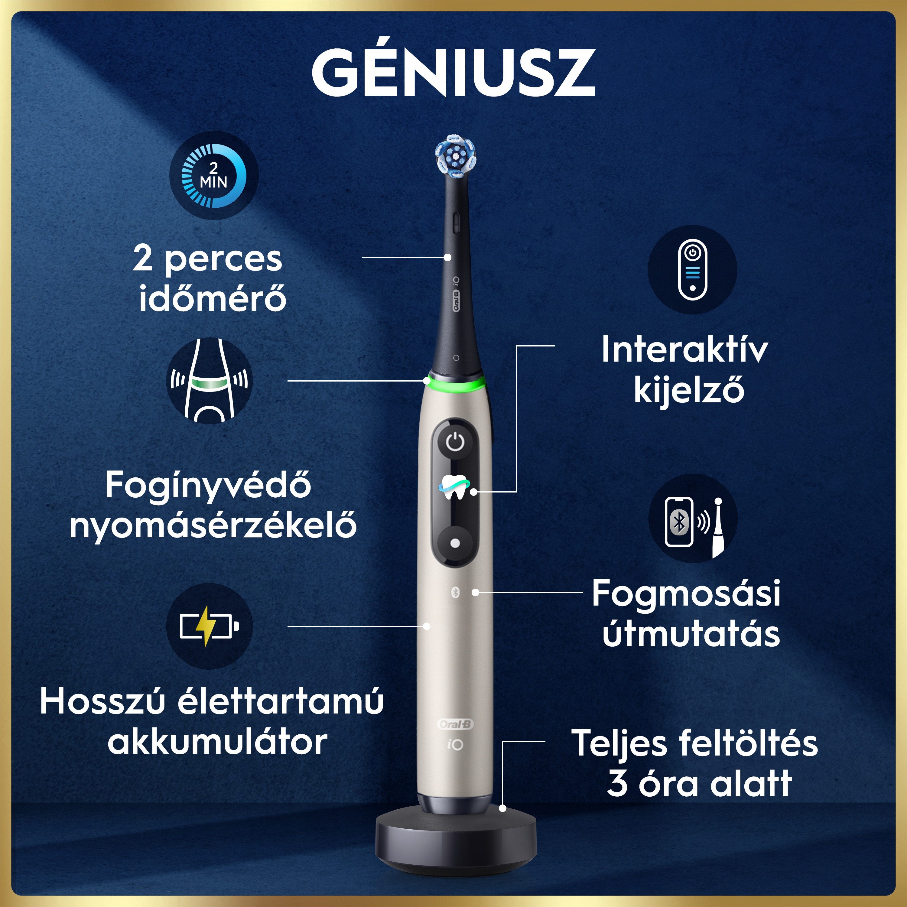 Fekete elektromos fogkefe ikonokkal, amelyek olyan funkciókat mutatnak, mint az időzítő és kijelző, kék háttérrel.