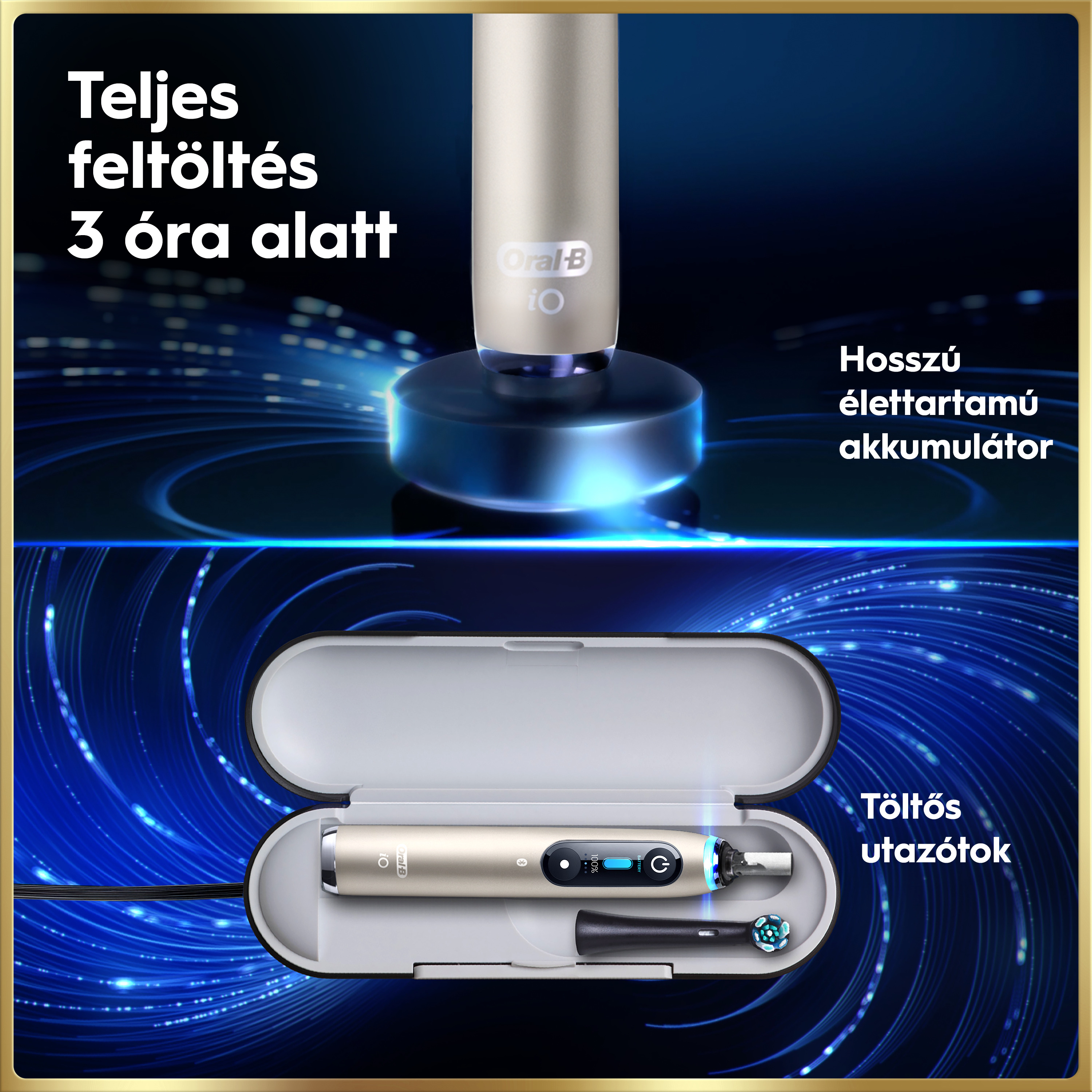 Oral-B iO elektromos fogkefe töltőn és utazótokban, magyar feliratokkal.