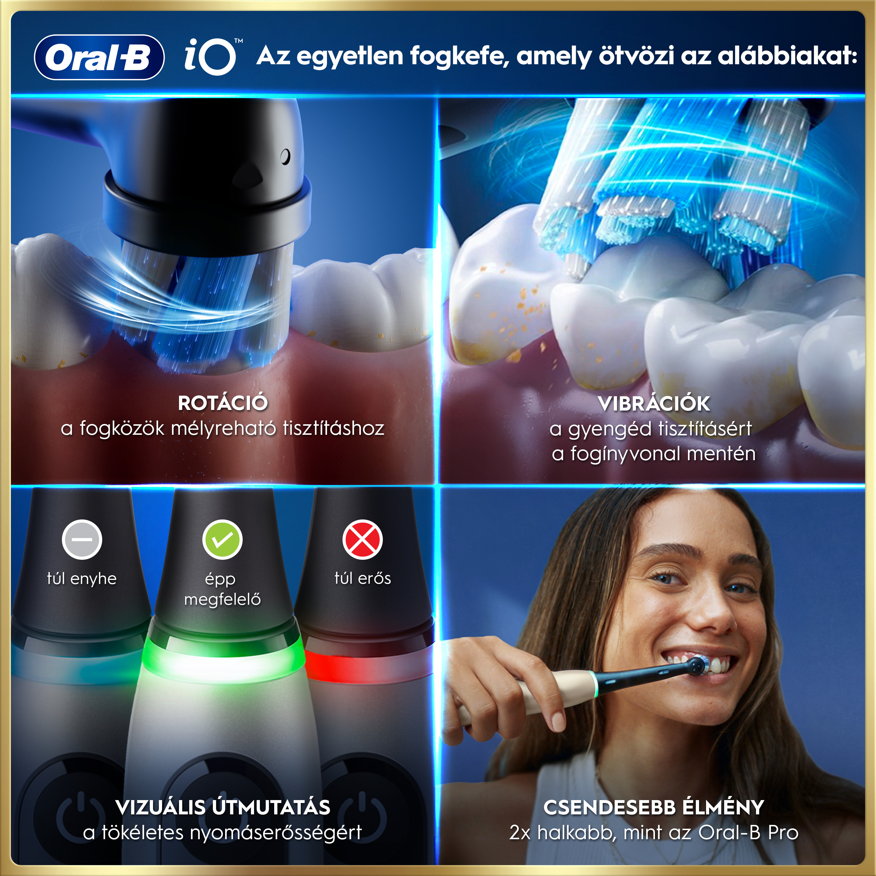 Négy kép mutatja az Oral-B iO fogkefe jellemzőit: forgás, rezgés, nyomásérzékelő és fogat mosó nő.