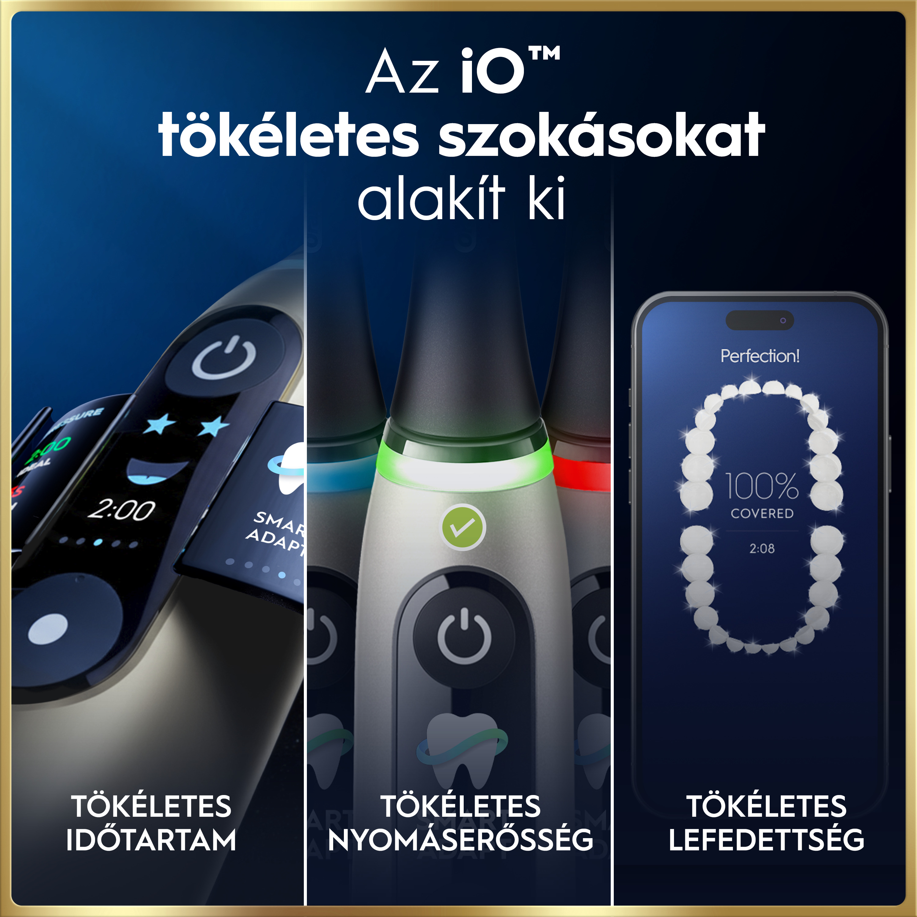 Promóciós kép az iO fogkeféről időzítővel, nyomásérzékelővel és alkalmazás-integrációval.