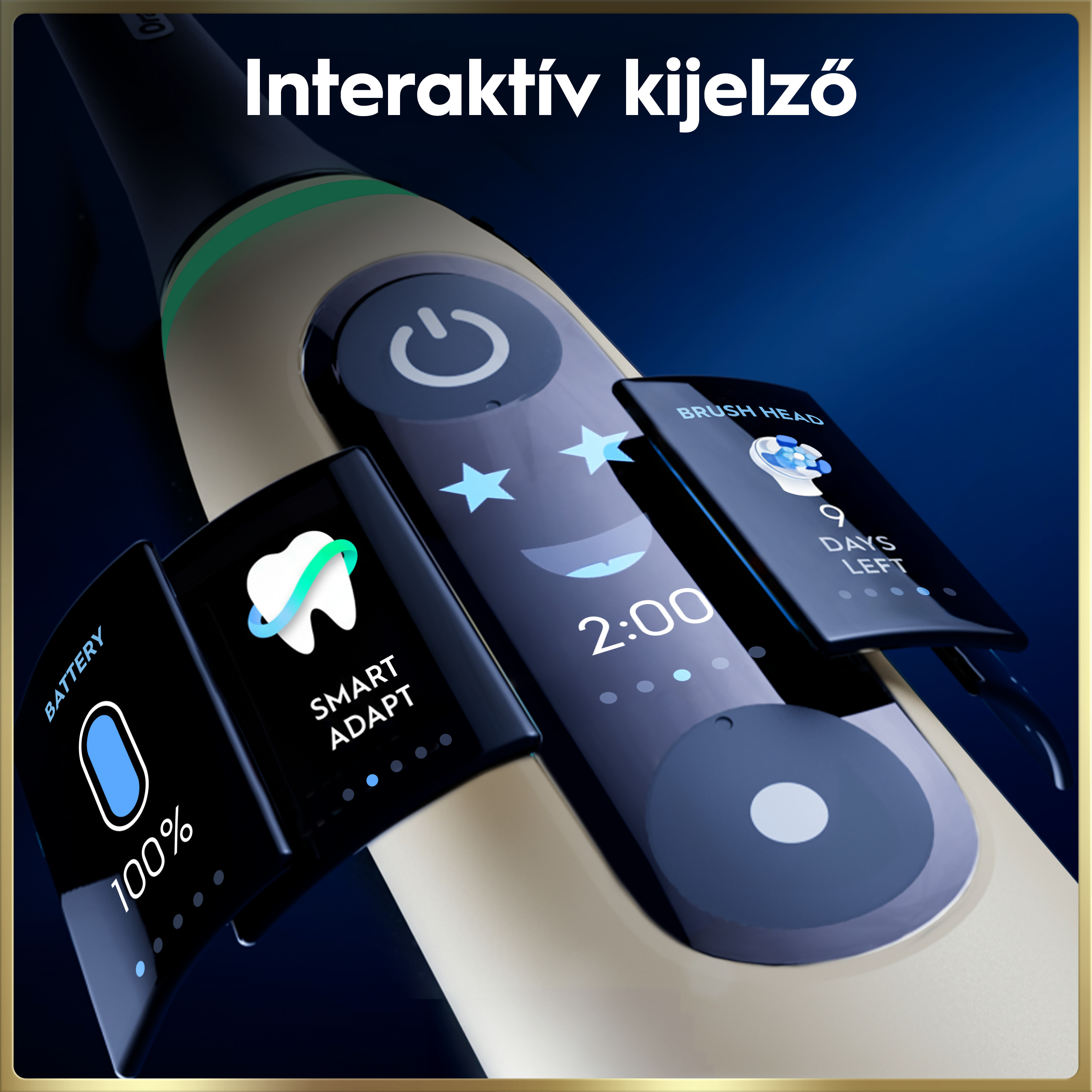 Elektromos fogkefe interaktív kijelzővel, amely mutatja az akkumulátort, időzítőt és fejet.