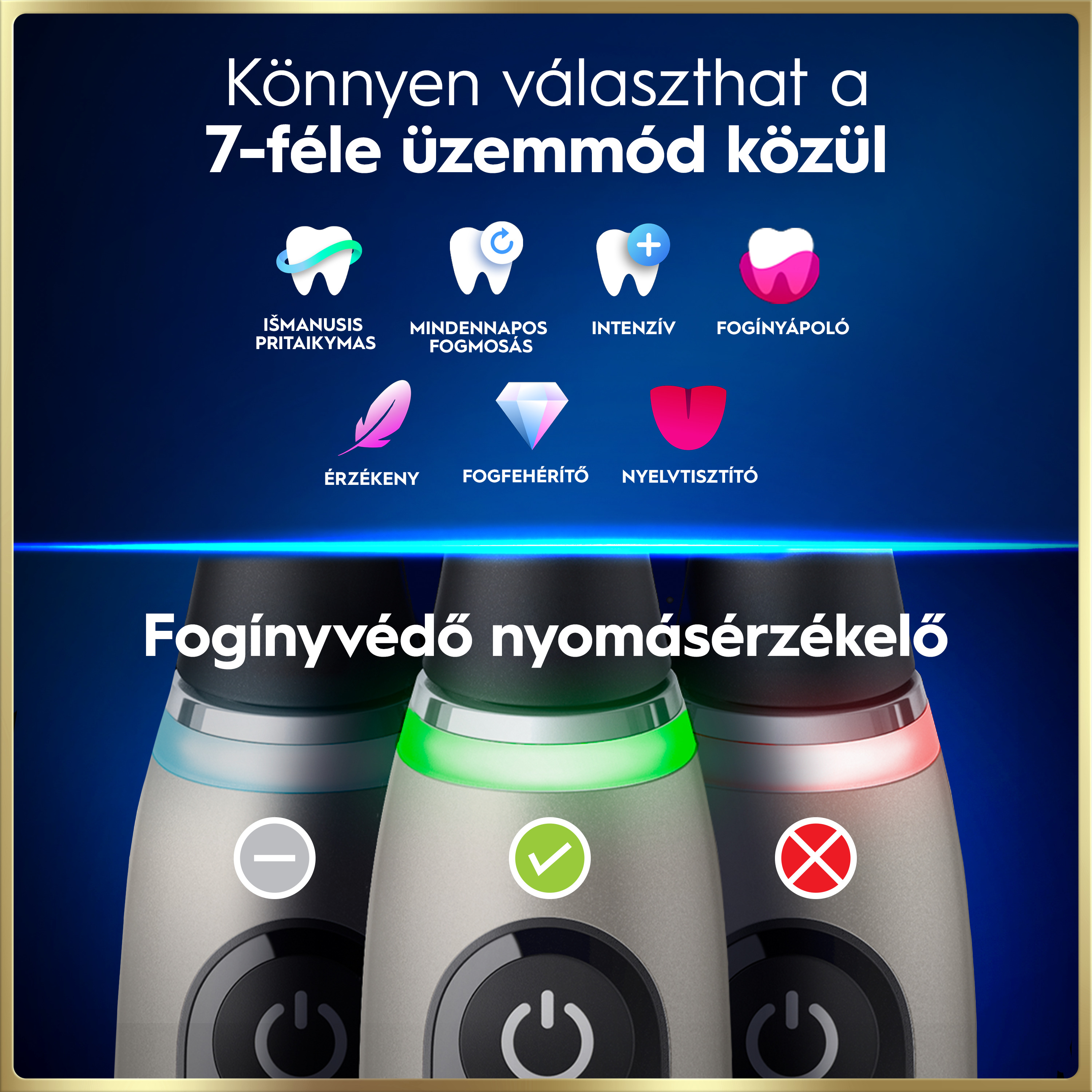 Kék infografika hét fogkefe-üzemmód ikonnal és három, különböző színű gyűrűvel ellátott fogkefenyéllel.