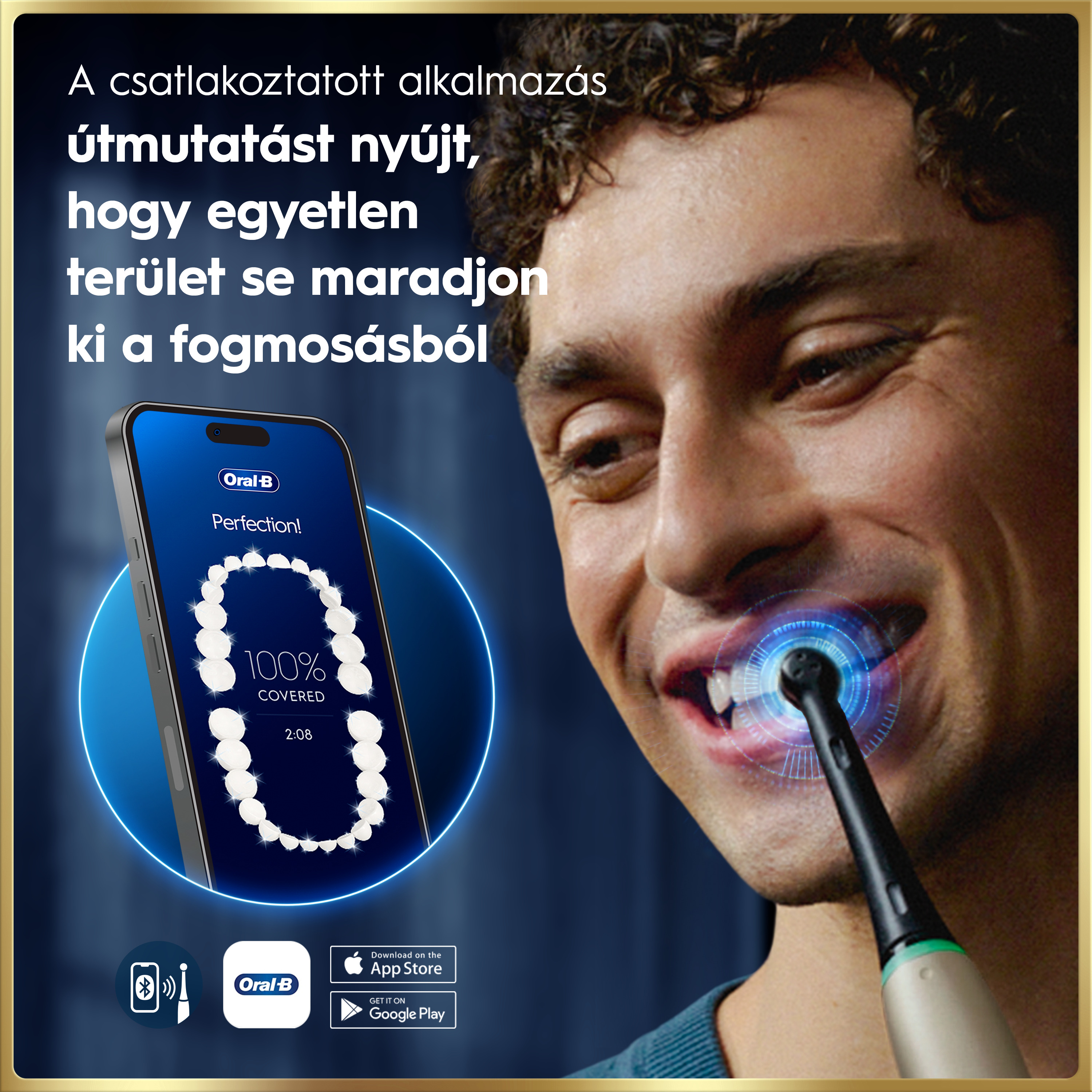 Egy férfi elektromos fogkefével mossa a fogát, miközben az okostelefonos alkalmazást nézi.