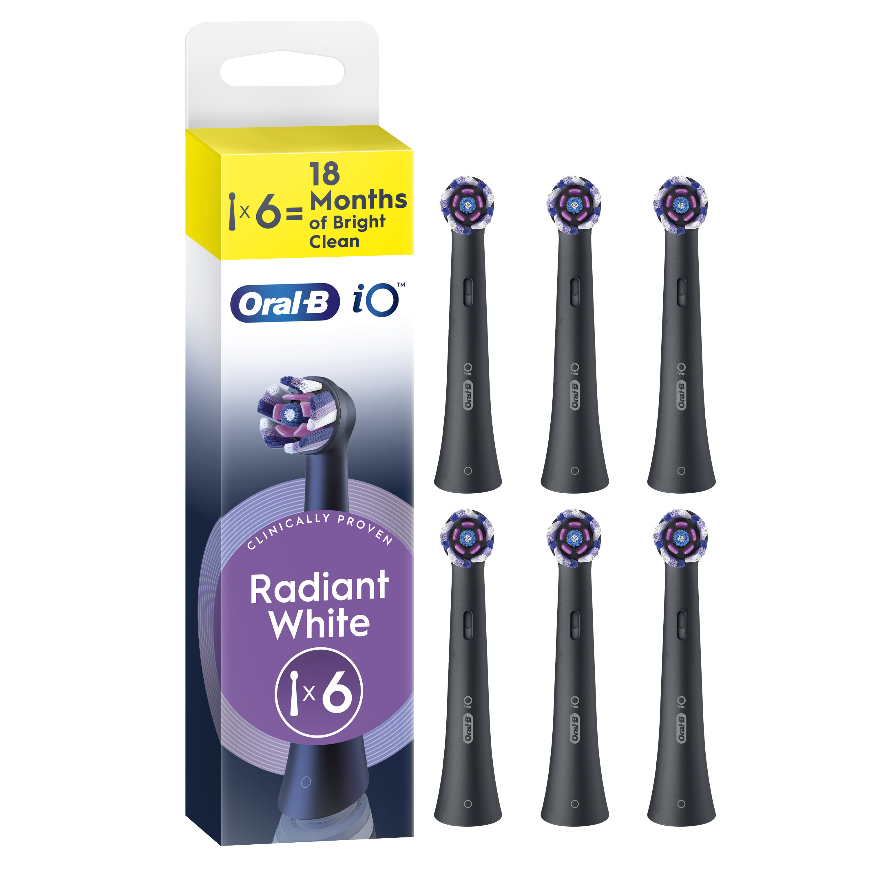 Hat fekete Oral-B iO Radiant White fogkefefej a termék csomagolása mellett.