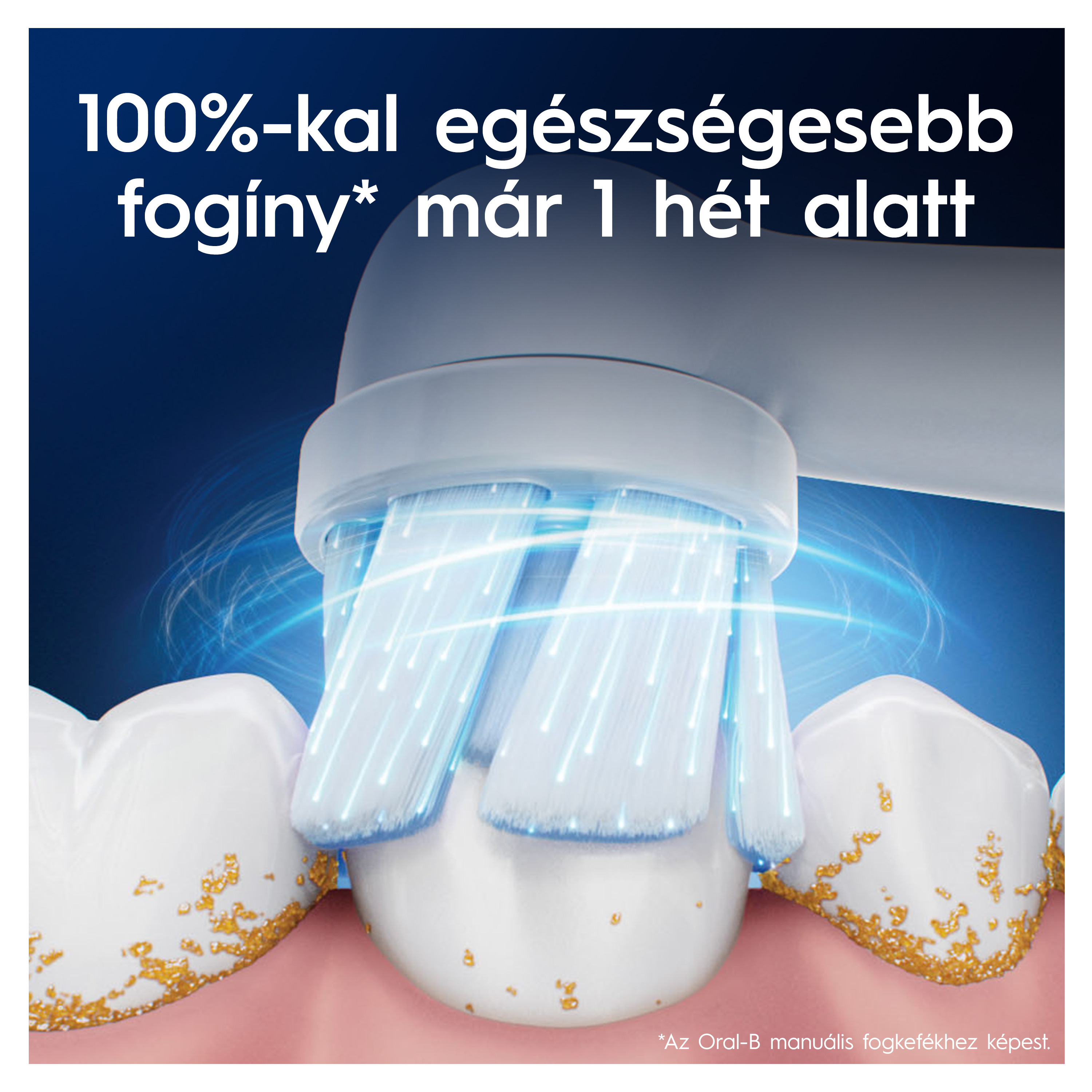 Egy elektromos fogkefe tisztítja a fogakat, eltávolítva a lepedéket.