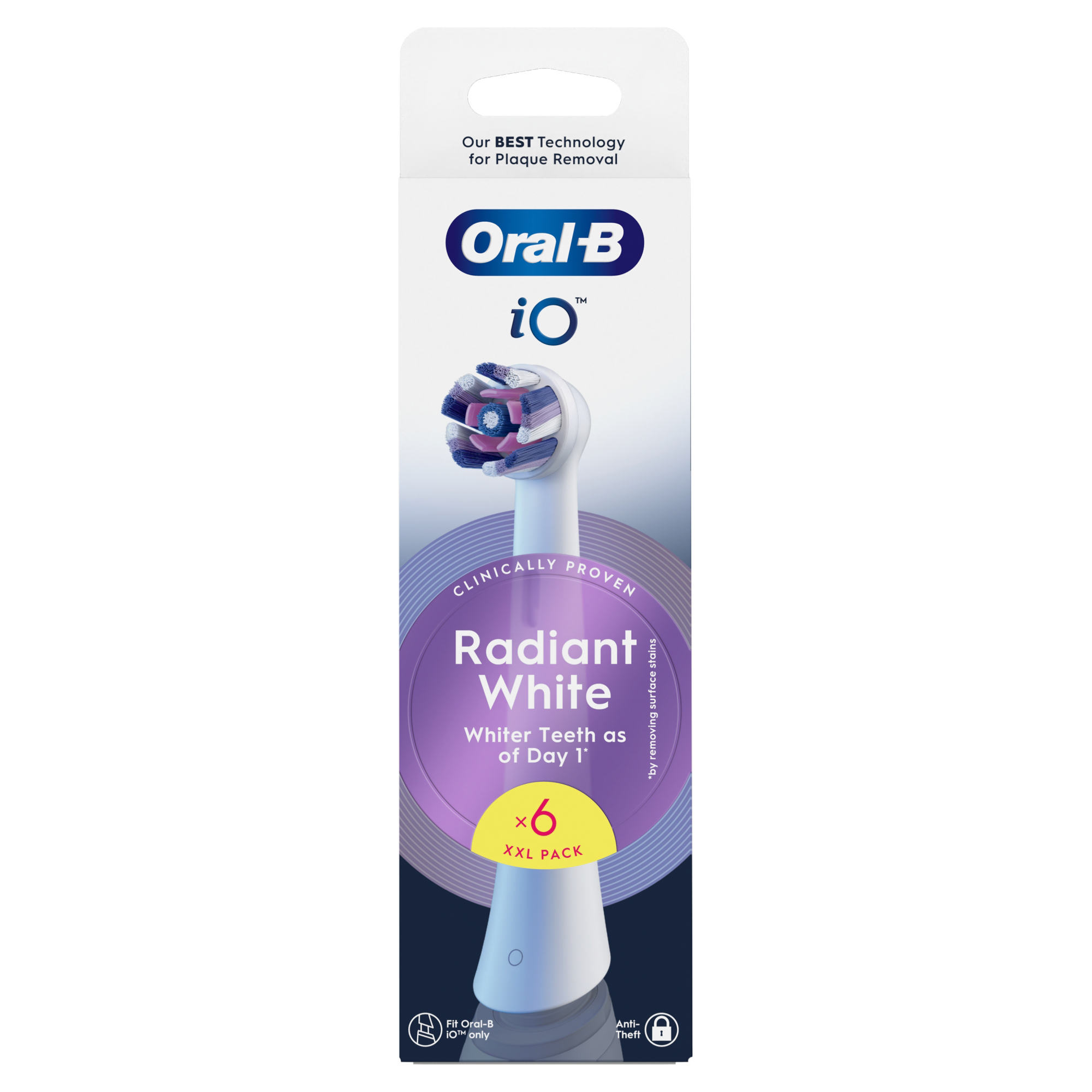 Oral-B iO Radiant White 6 darabos fogkefe pótfej csomag, fehér és lila dobozban.