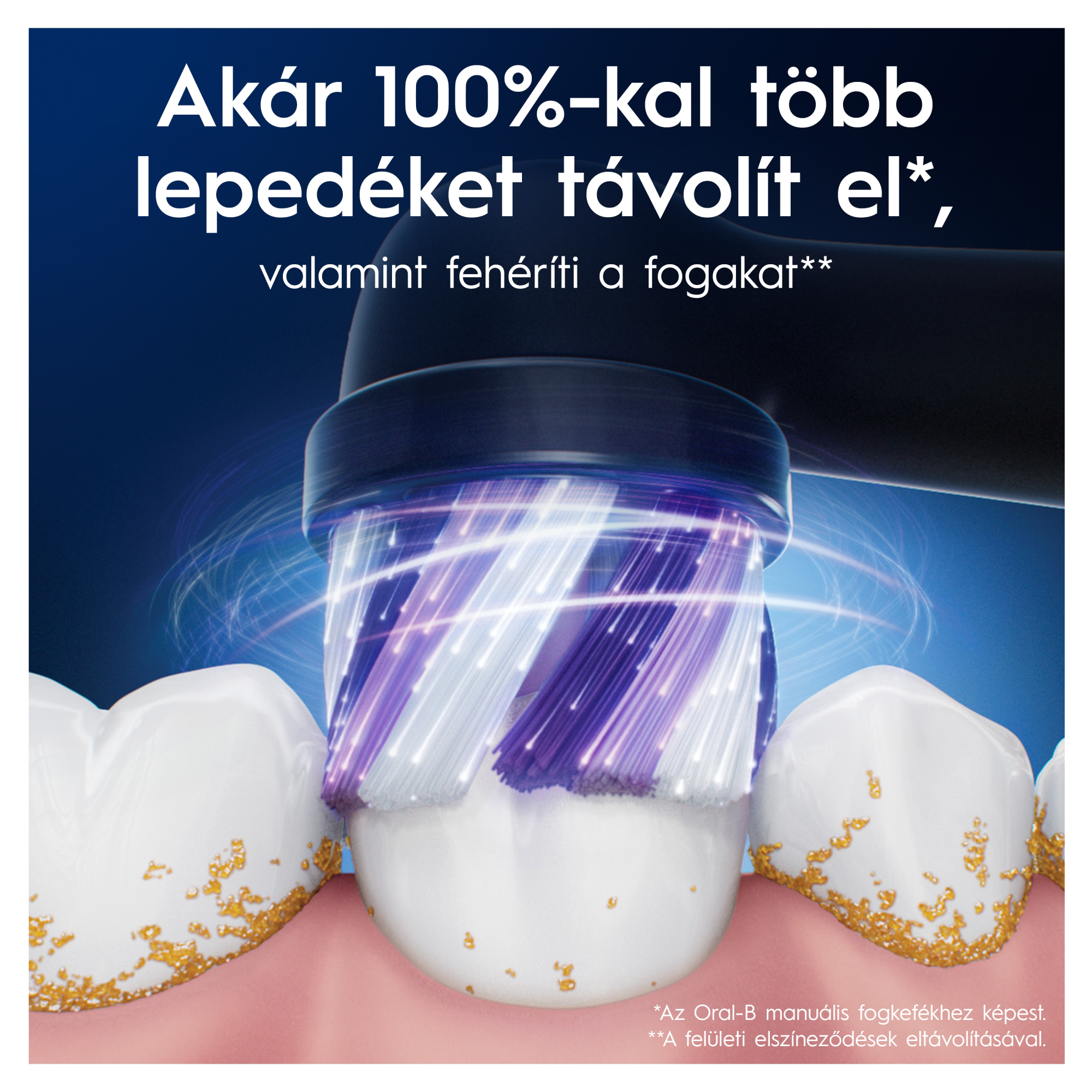 Egy elektromos fogkefe tisztítja a fogakat és eltávolítja a lepedéket, magyar feliratokkal.