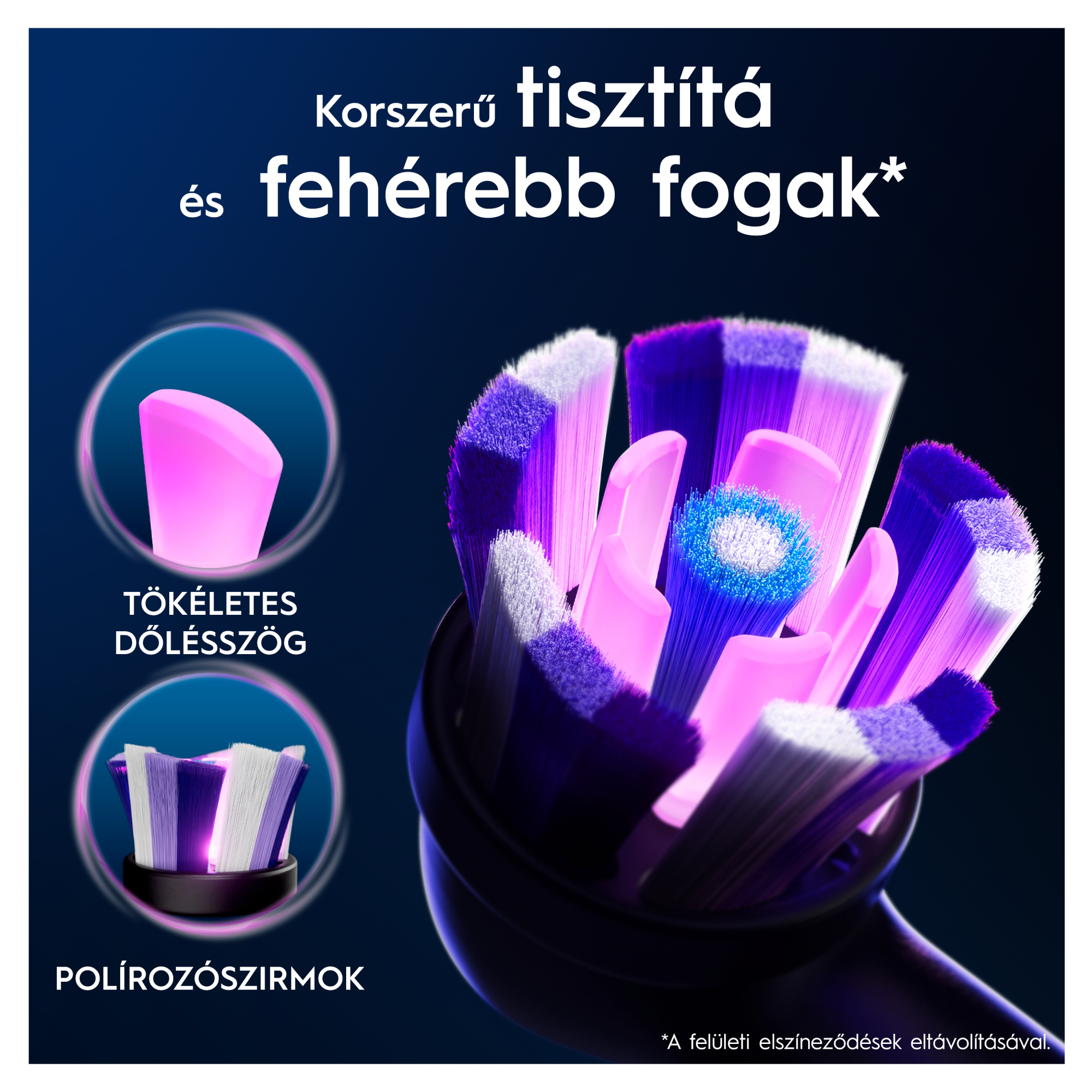 Közelkép egy fogkefe fejéről lila és fehér sörtékkel, két kör alakú ábrával és magyar feliratokkal.