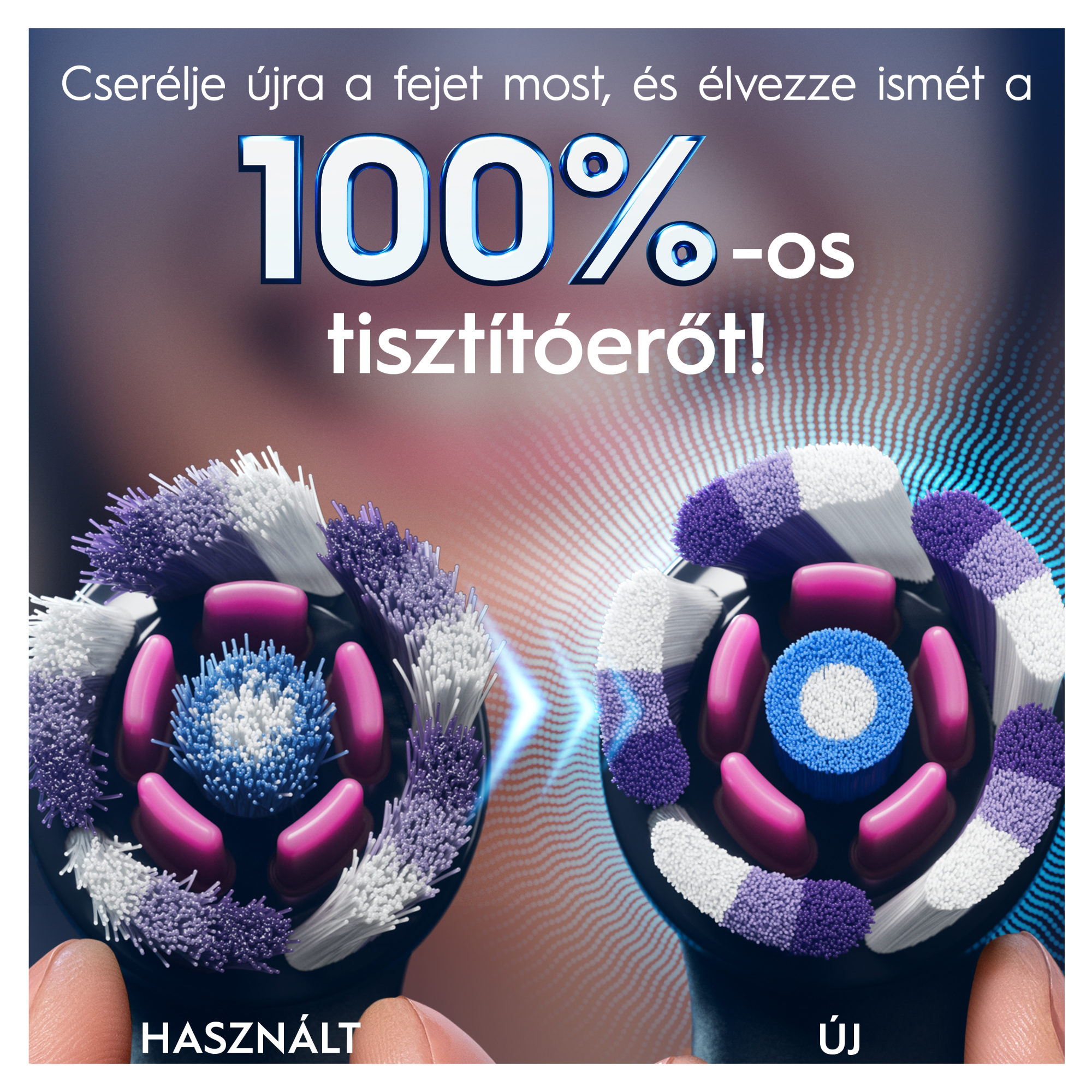 Használt és új fogkefefej összehasonlítása magyar felirattal.