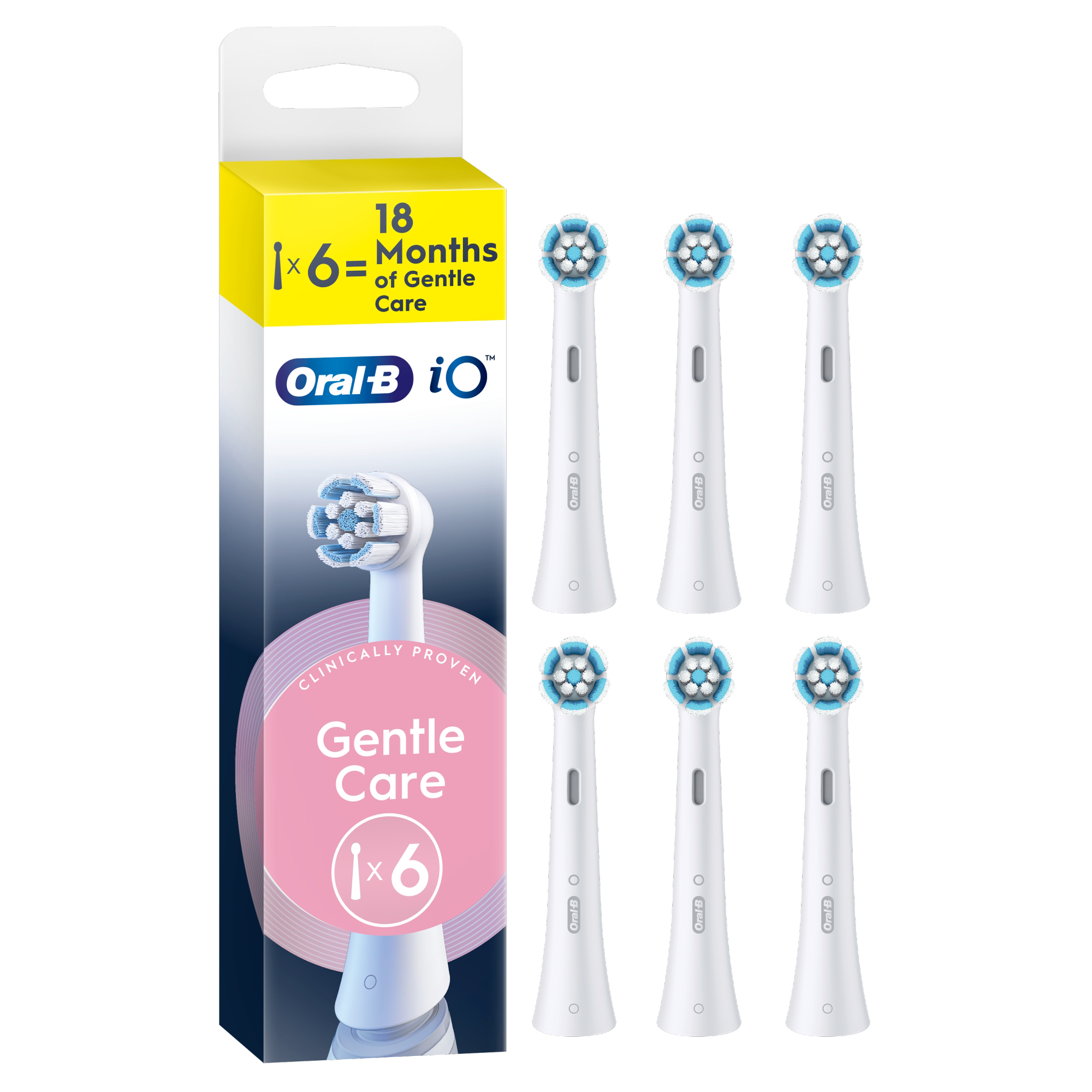 Hat fehér Oral-B iO Gentle Care csere fogkefefej és a sárga-fehér csomagolásuk.