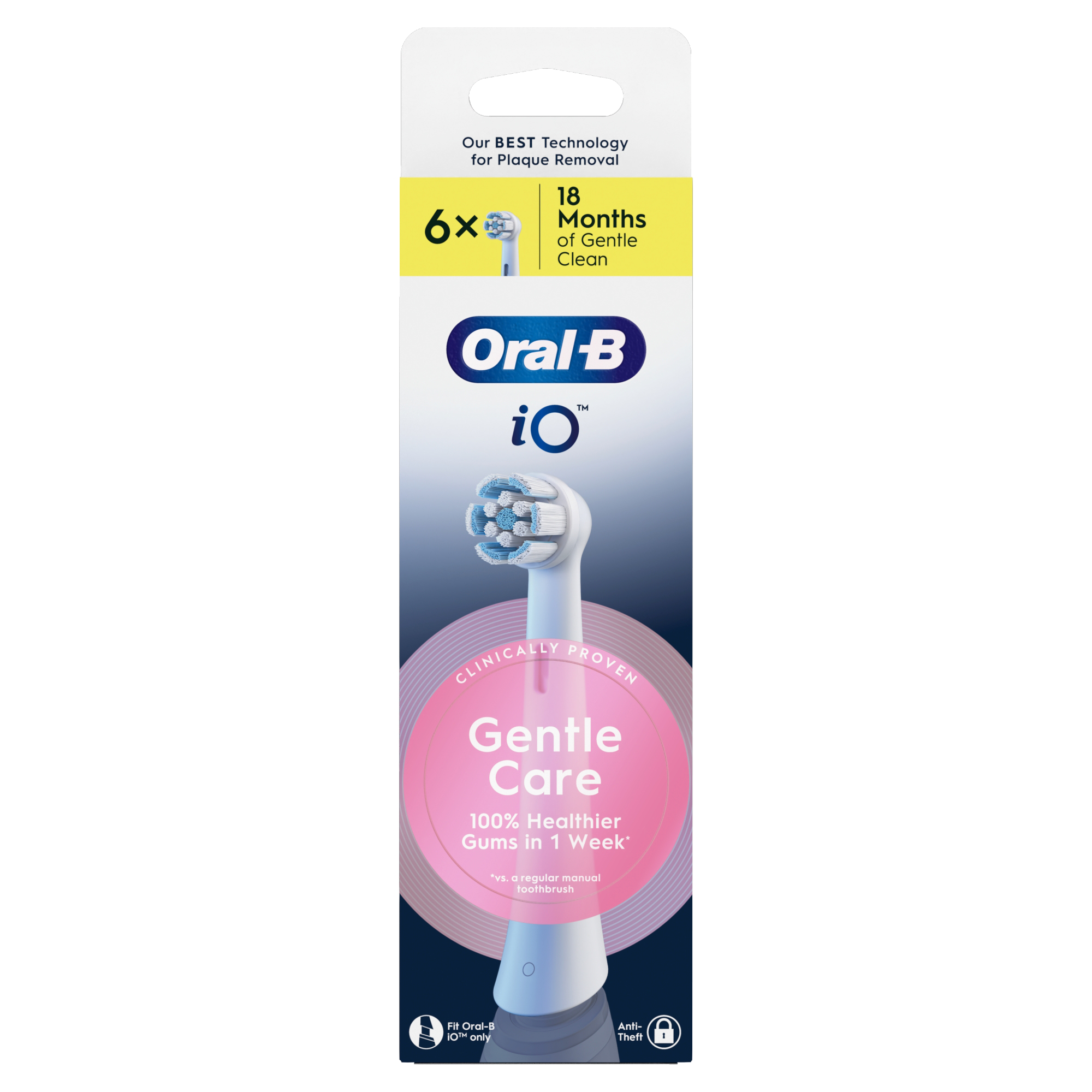 Oral-B iO Gentle Care fogkefe fehèr csomagolásban, kék és rózsaszín részletekkel.
