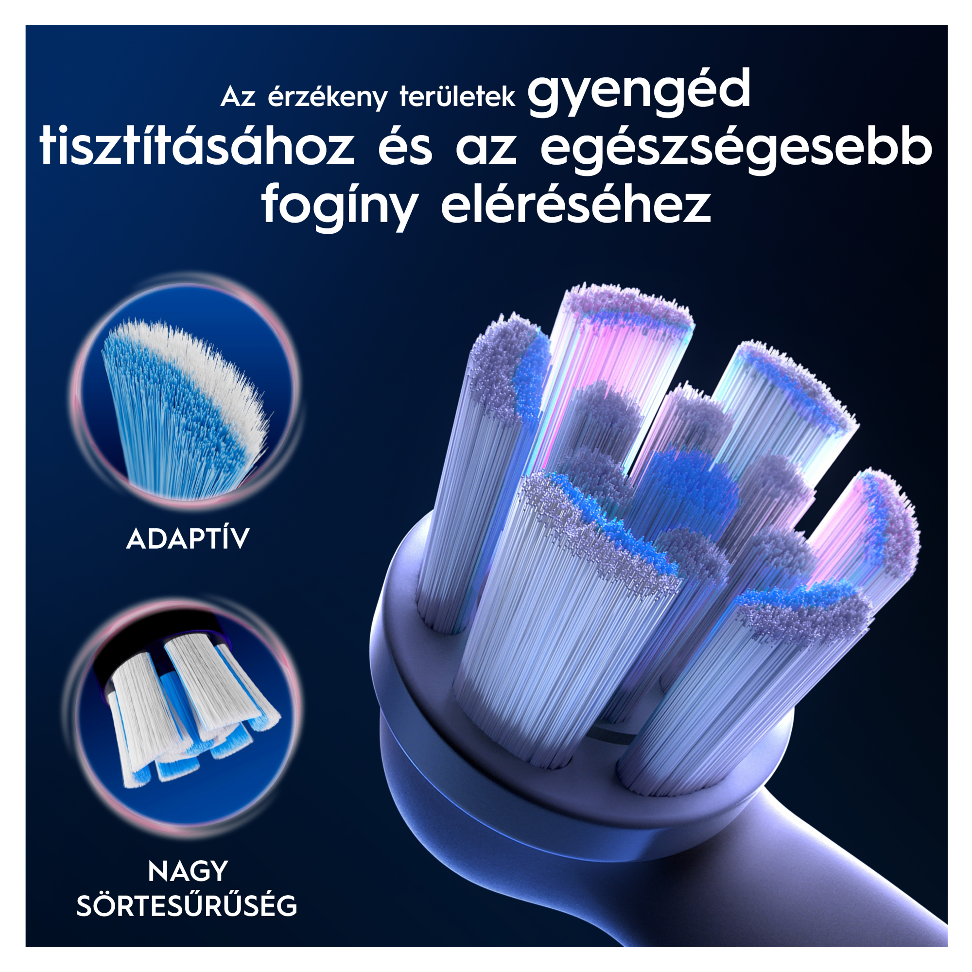 Elektromos fogkefefej kék és fehér sörtékkel, két betéttel az adaptív és a nagy sűrűség számára.