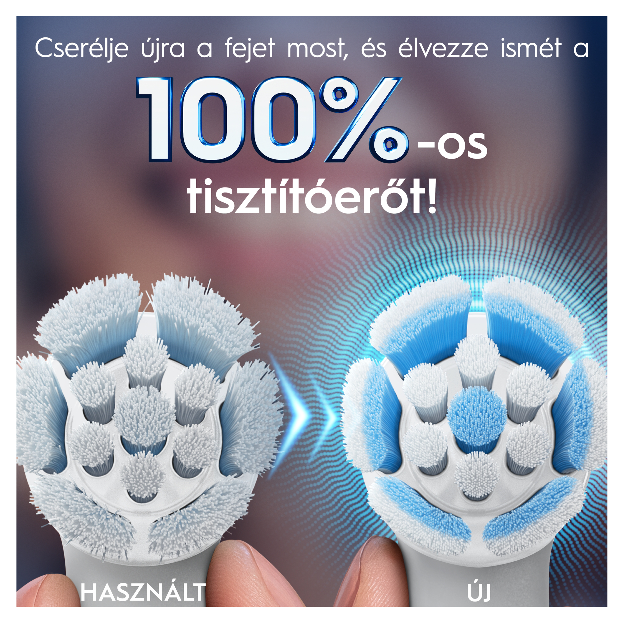 Egy kopott és egy új, kék sörtéjű fogkefefej összehasonlítása.
