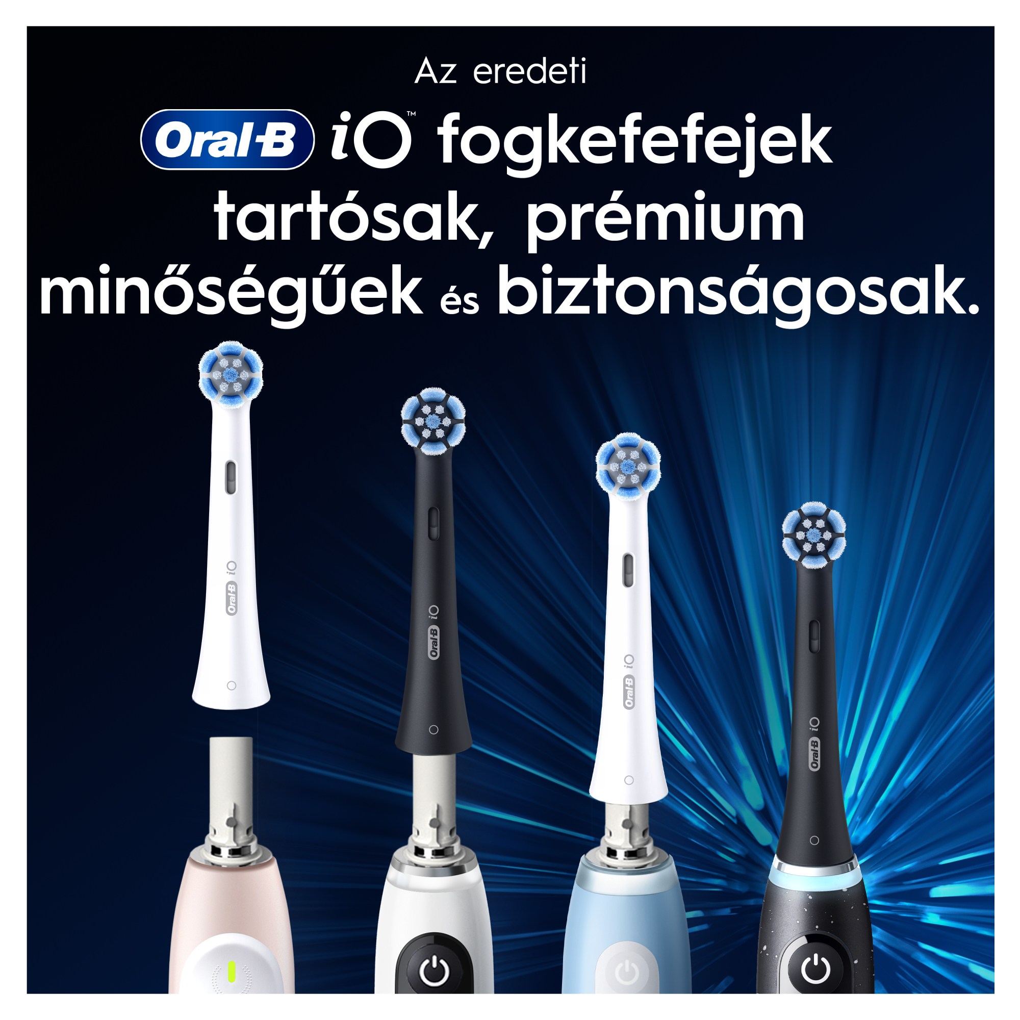Négy Oral-B iO fogkefefej fekete és fehér színben színes nyelükkel, sugárzó kék háttér előtt.