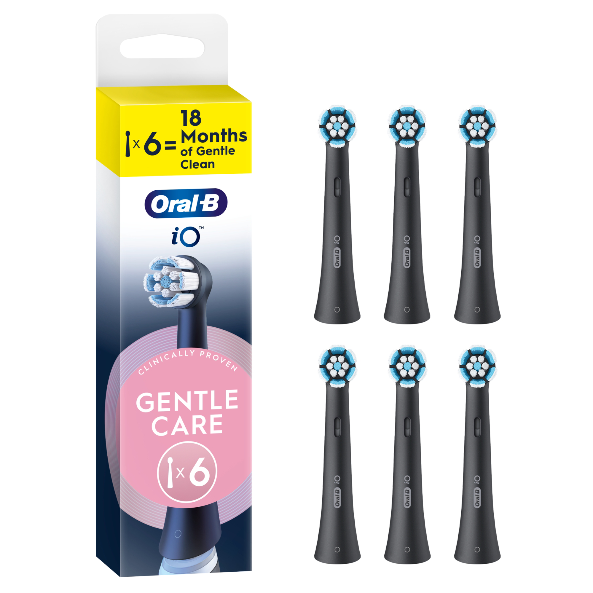 Hat fekete Oral-B iO Gentle Care fogkefefej a csomagolásuk mellett fehér háttér előtt.