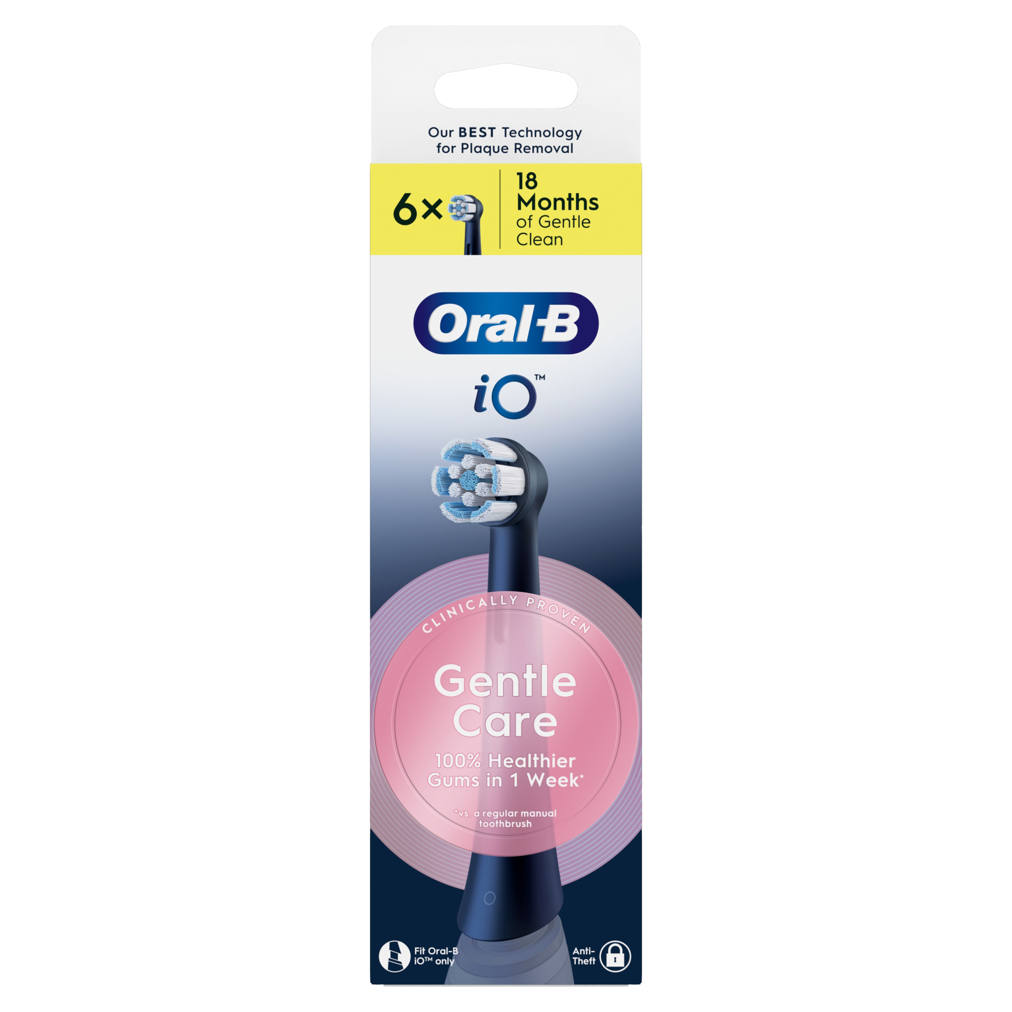 Oral-B iO Gentle Care fogkefefej fehér csomagolásban, kék és rózsaszín dizájnnal.