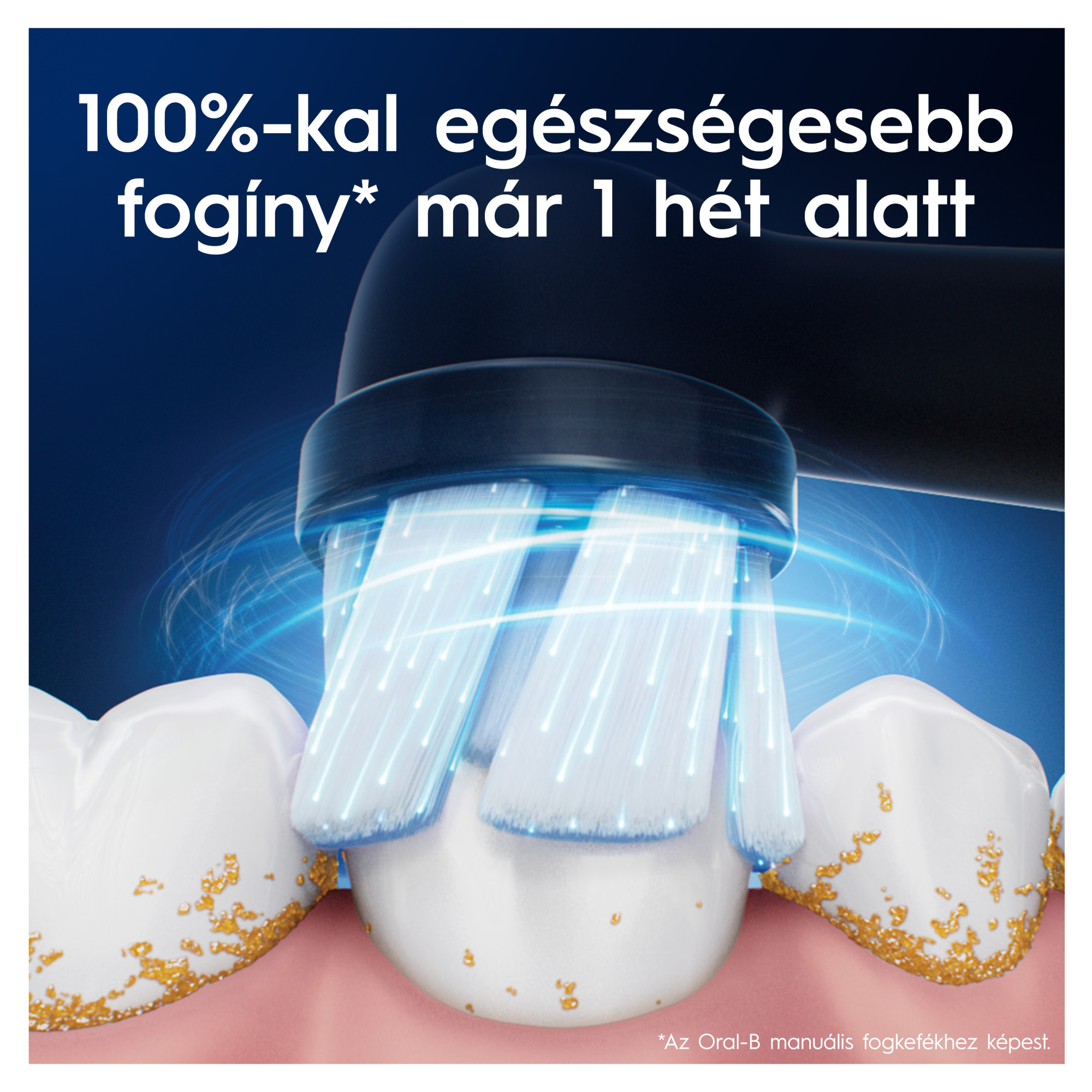 Egy elektromos fogkefe tisztítja a fehér fogakat sötétkék háttér előtt.
