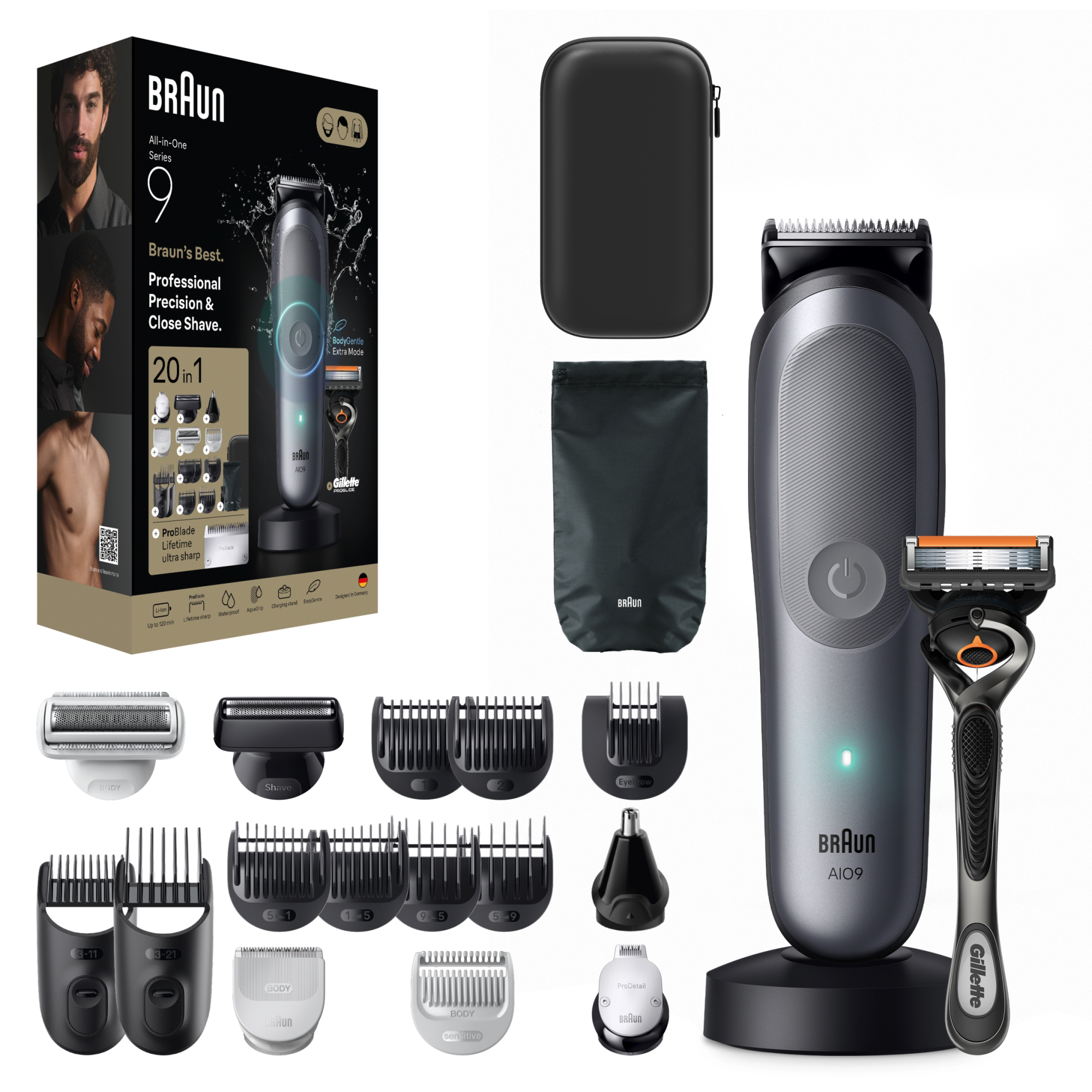 Braun All-in-One Series 9 szőrtelenítő különféle tartozékokkal, Gillette borotvával és tokkal.