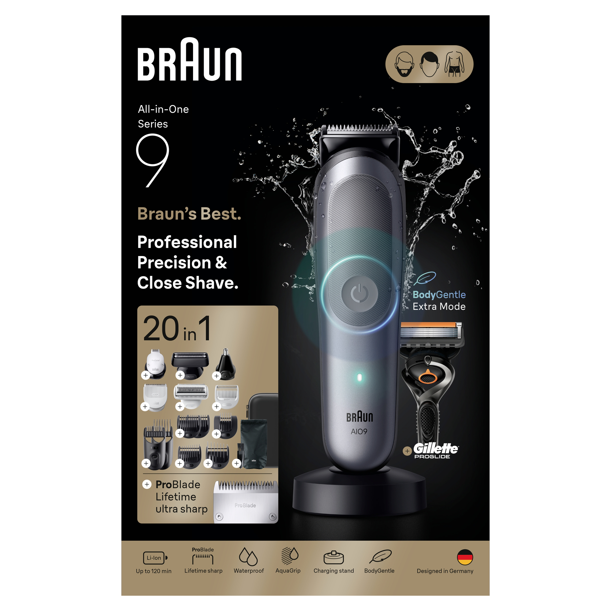 Braun All-in-One Series 9 szőrtelenítő tartozékokkal fekete háttér előtt.