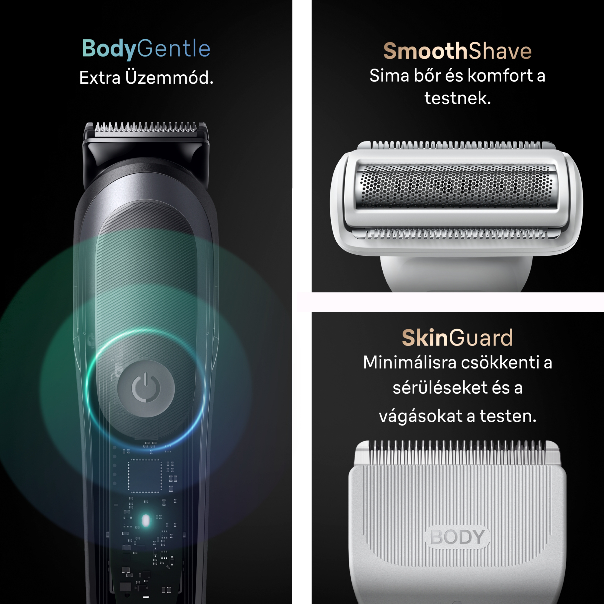 Testborotva BodyGentle, SmoothShave szitával és SkinGuard penge feltéttel sötét háttérrel.