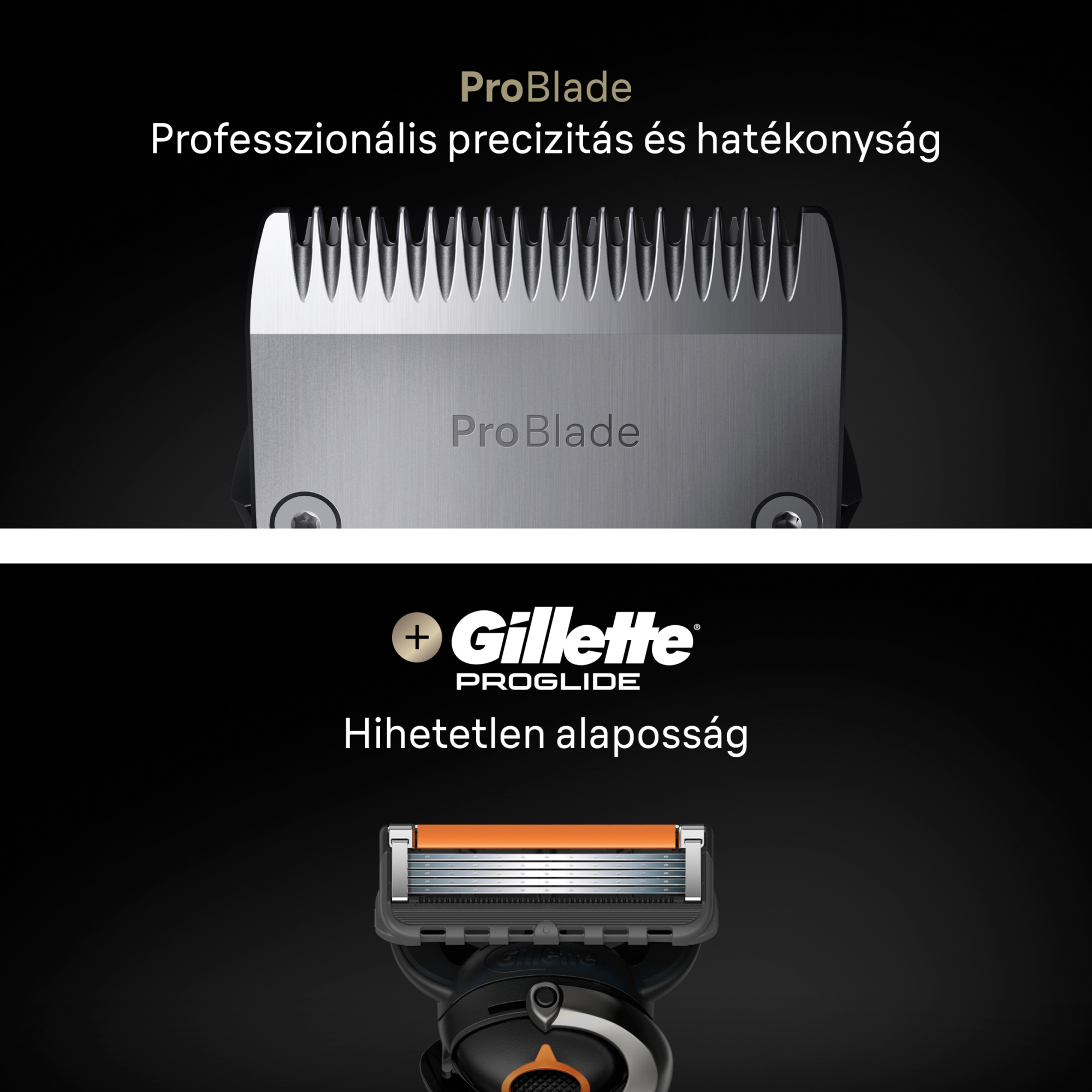 Reklámkép, amelyen egy ezüst ProBlade vágófej látható fent, és egy Gillette ProGlide borotva alul, fekete háttérrel.
