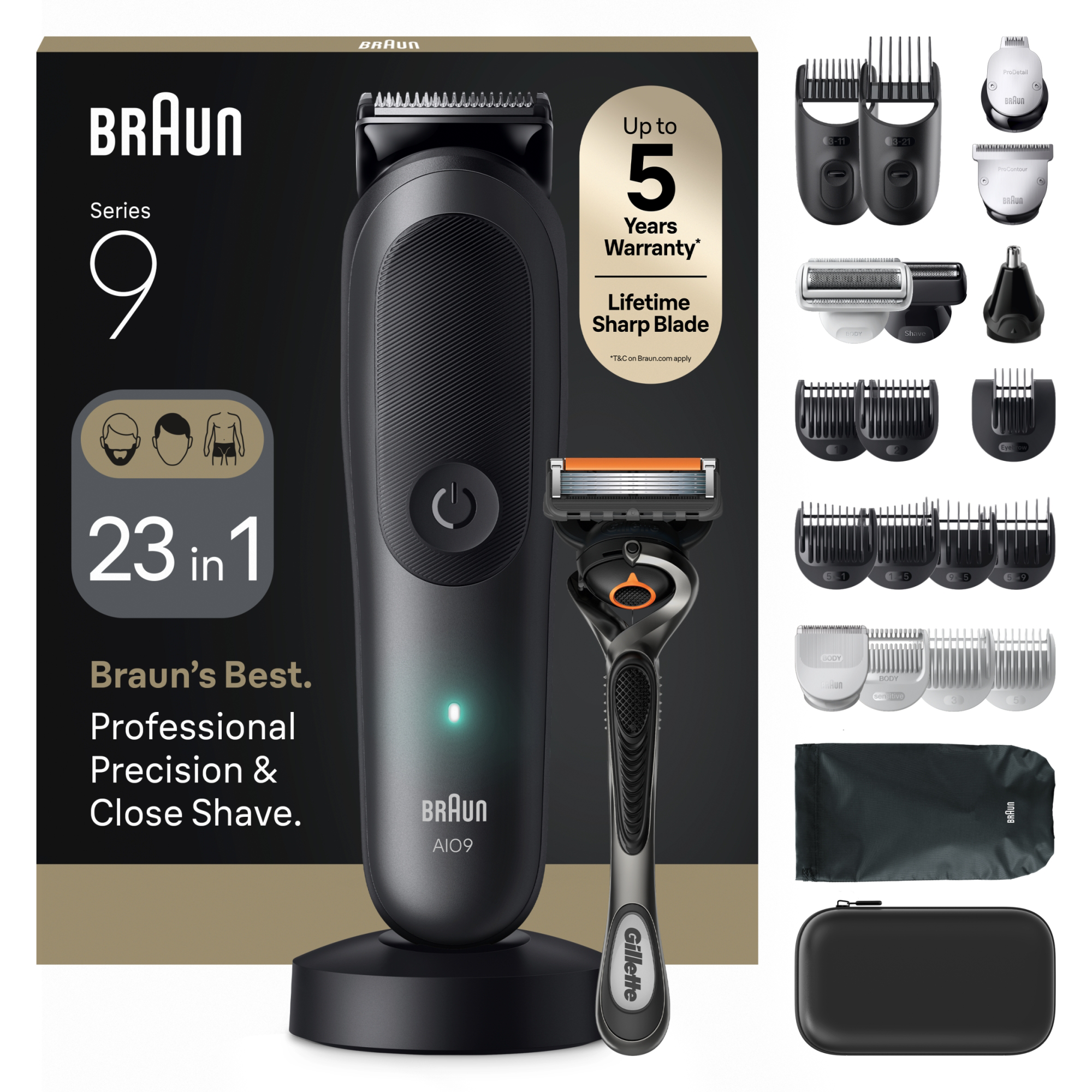 Braun Series 9 23 az 1-ben multifunkcionális szőrtelenítő készlet különböző tartozékokkal.