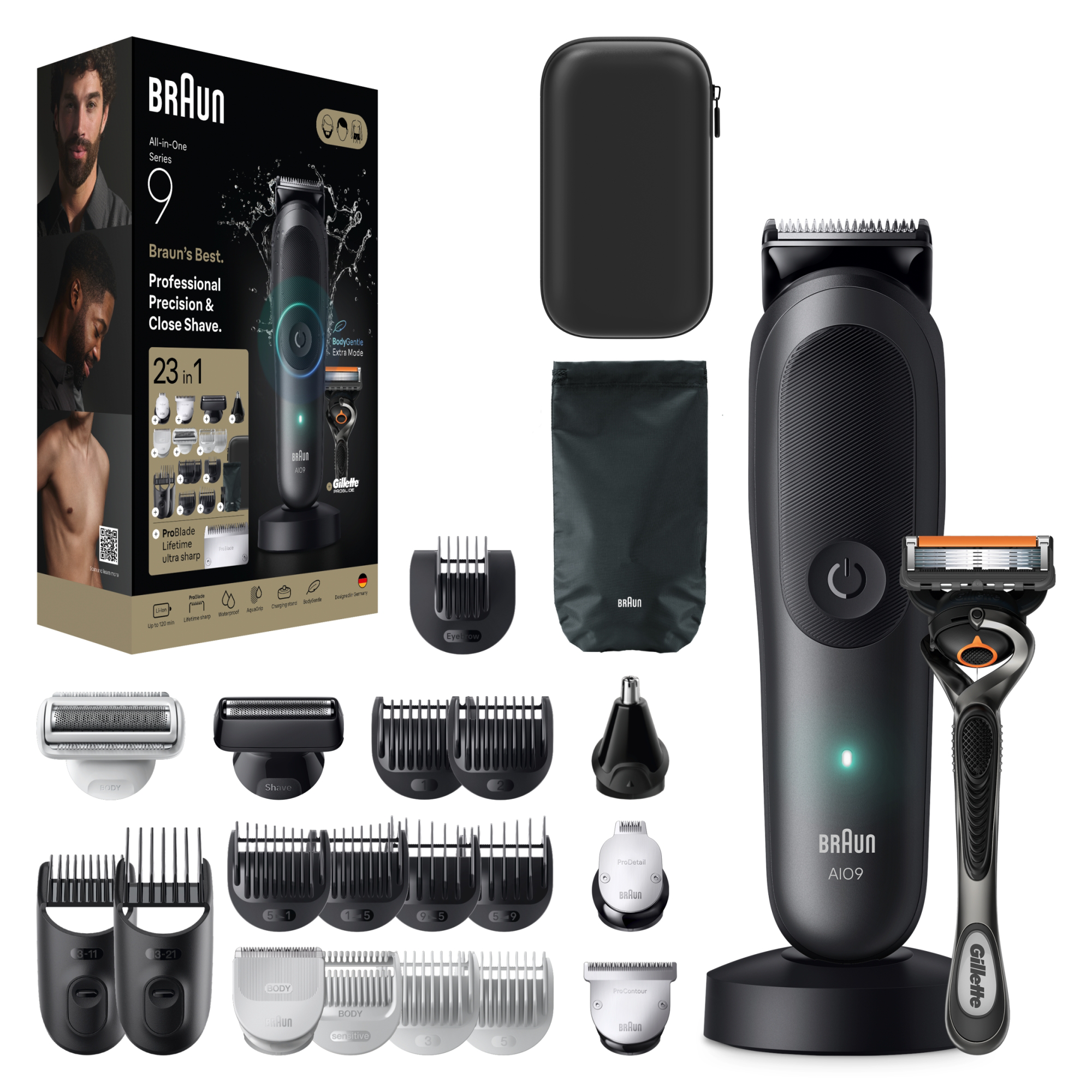 Braun All-in-One Series 9 szakállalja tartozékokkal, Gillette borotvával és tokkal.